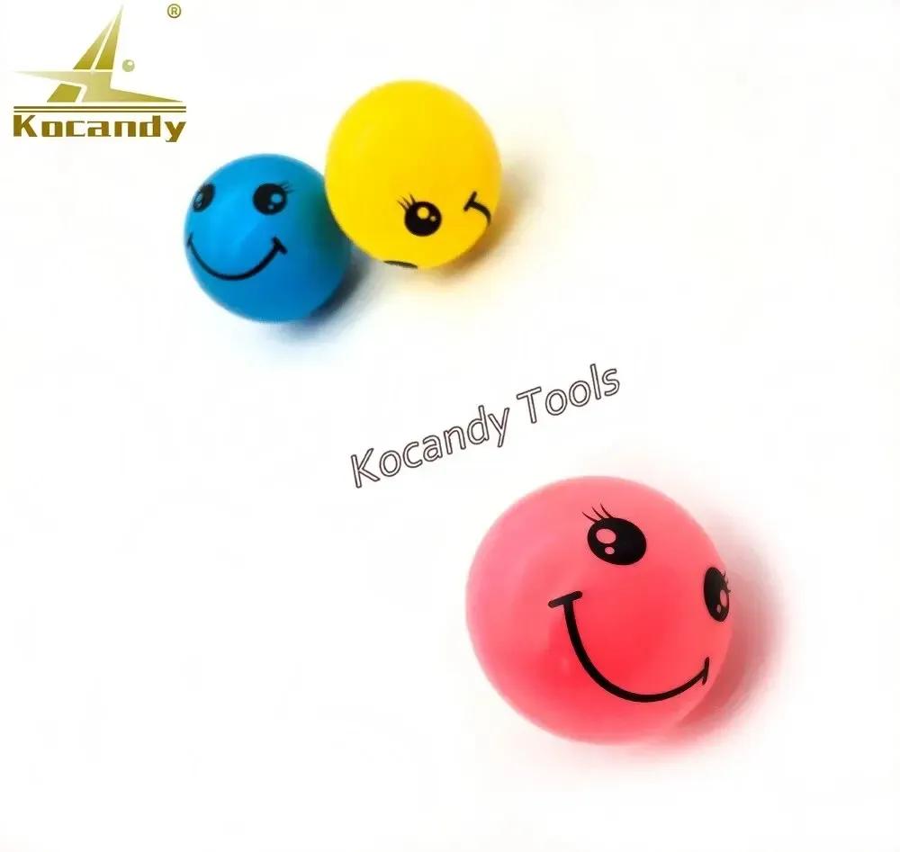 Blue, yellow and red smiley silicone balls in different sizes