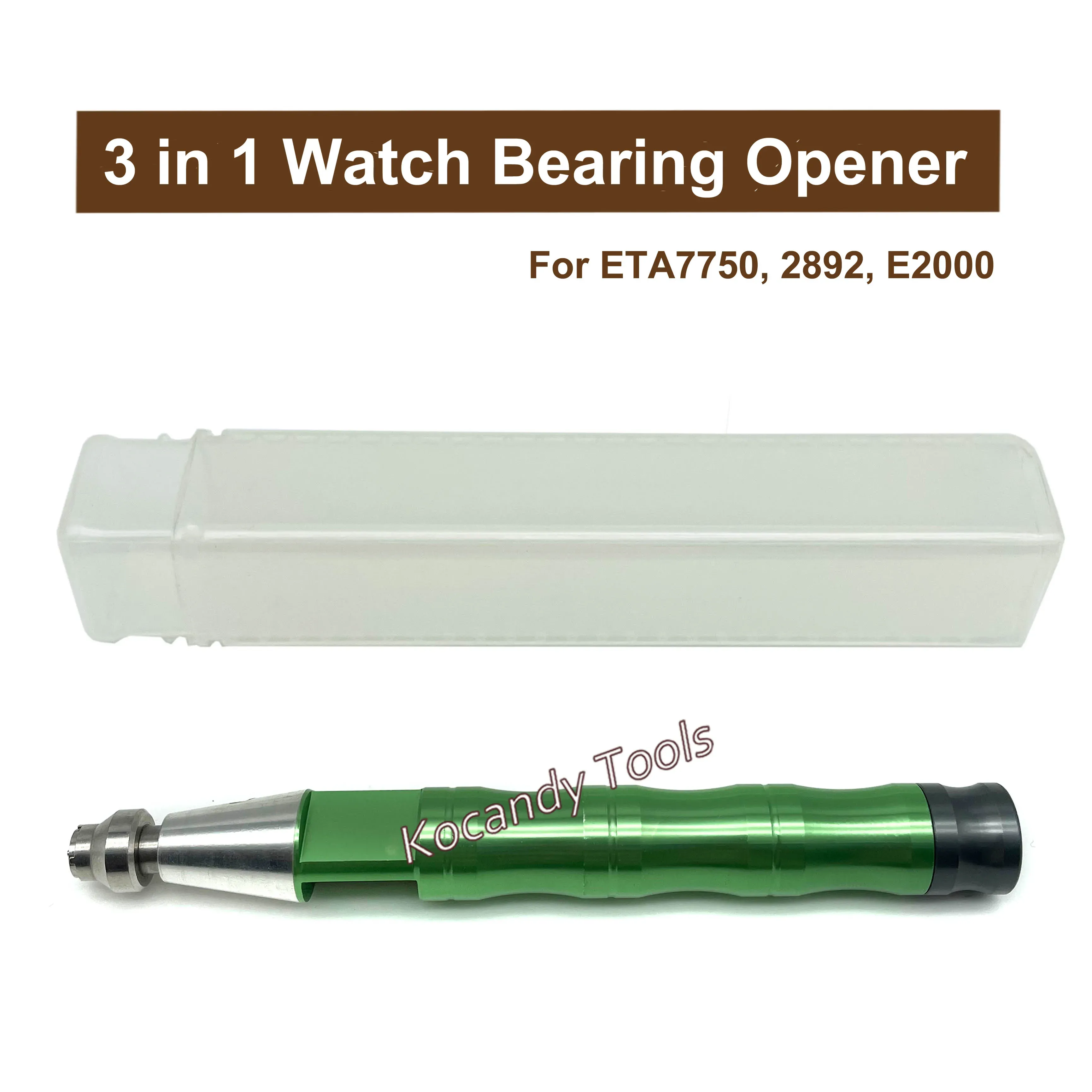 Green 3-in-1 watch bearing opener tool in a clear plastic case