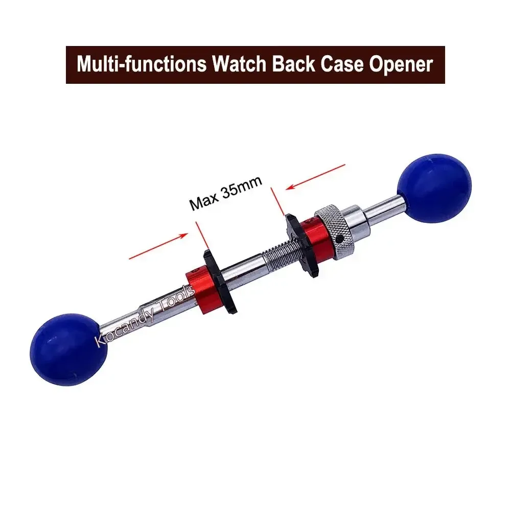 Long steel case opener with two blue ball ends, Max 32mm marked