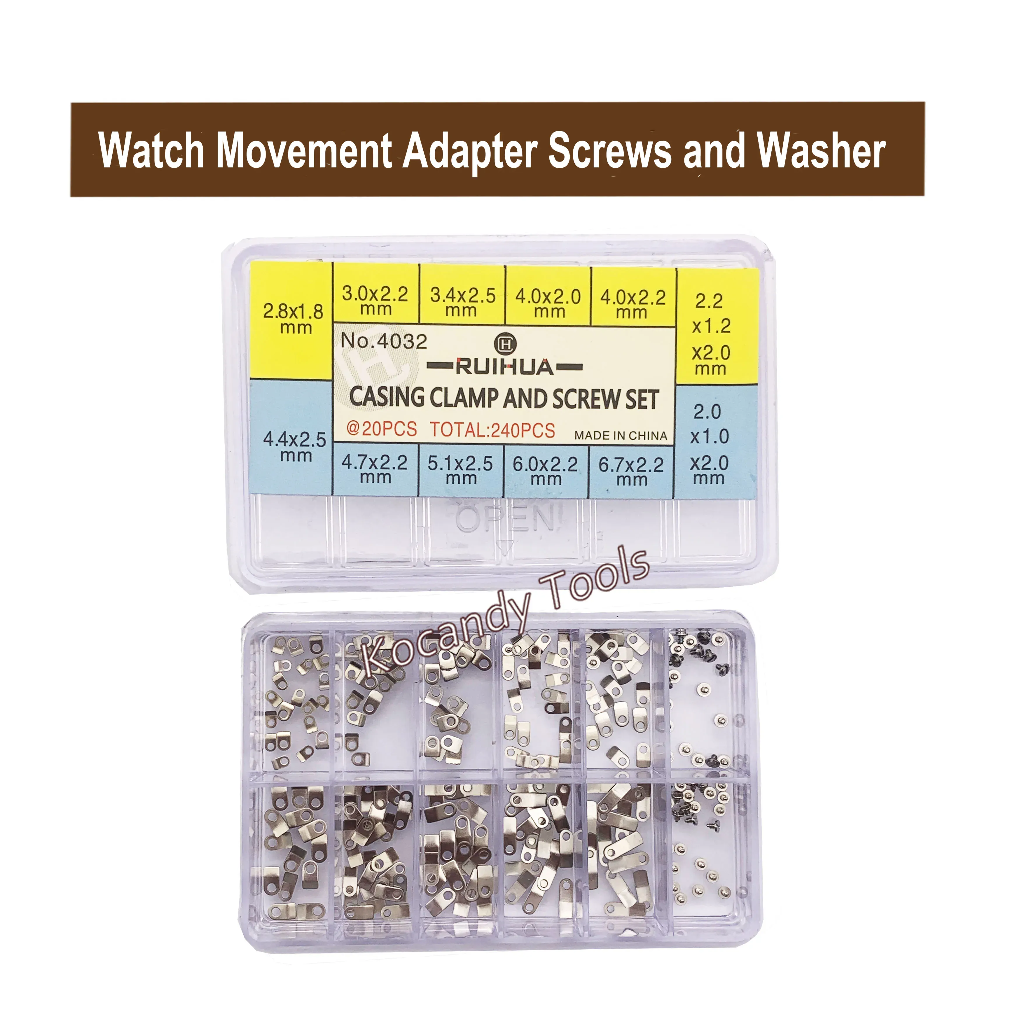 Yellow label box and a clear bag of tiny movement fixing adapters