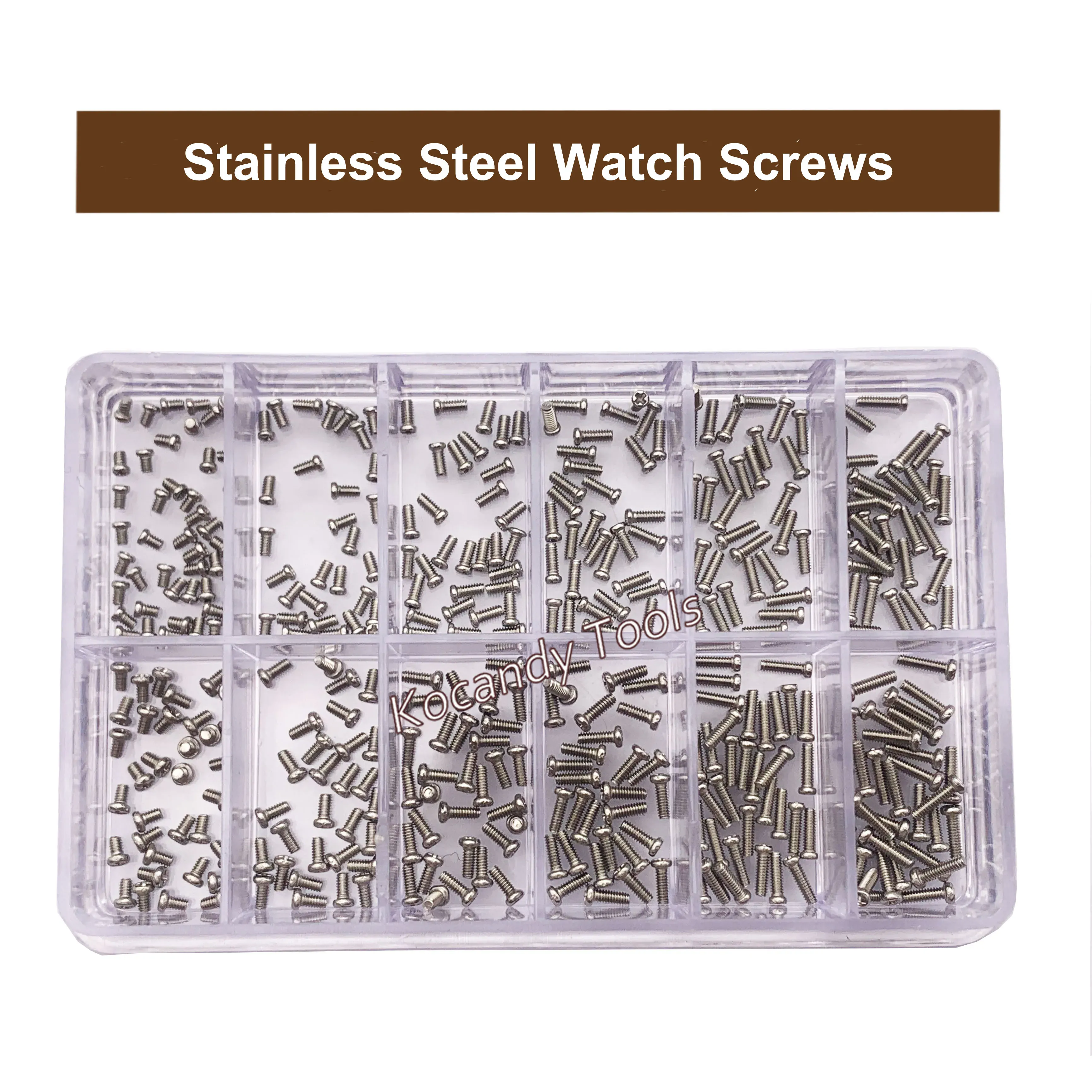 Clear tray holding hundreds of tiny stainless steel watch screws