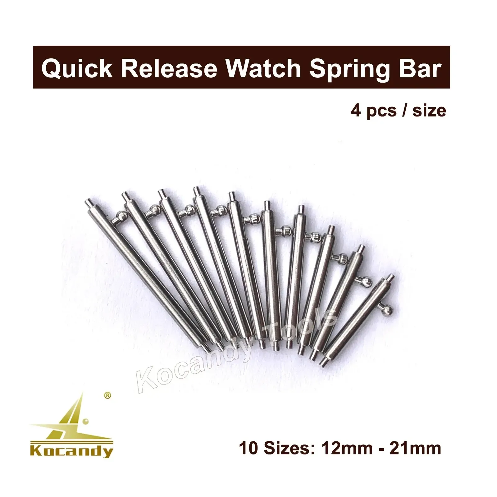 Spring bars fanned showing ten sizes from 12mm to 21mm