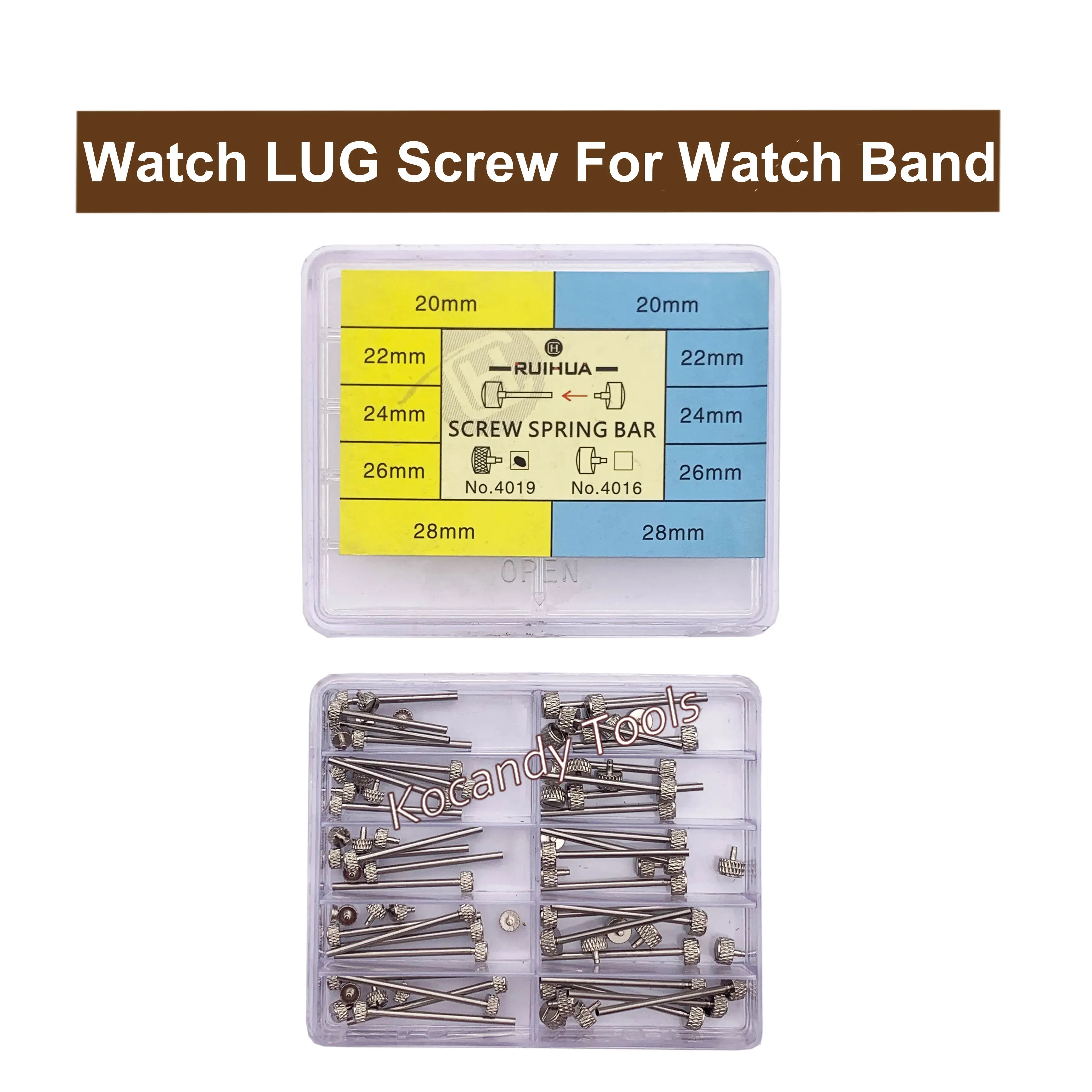 Clear tray of silver watch band screw pins and rivet ends in a box