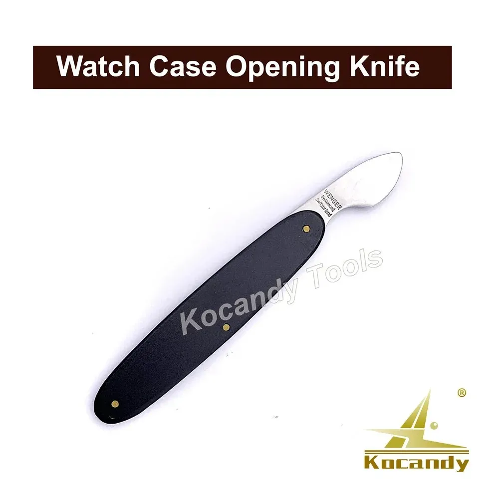Black-handled knife opened showing a narrow steel blade