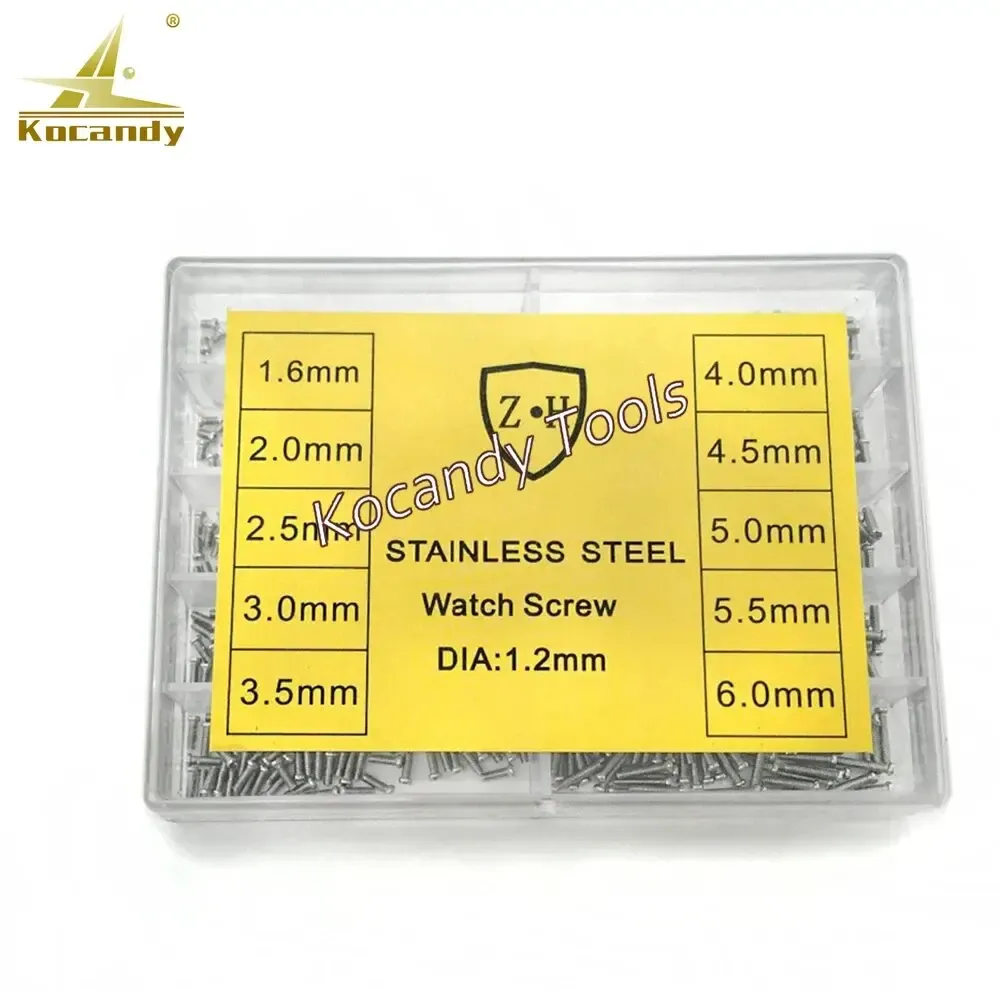 Yellow Watch Screws label card listing sizes in a clear case