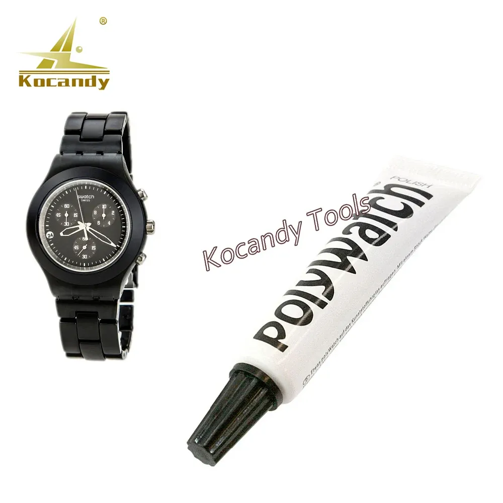 White Polywatch polish tube beside a black wristwatch and pen applicator