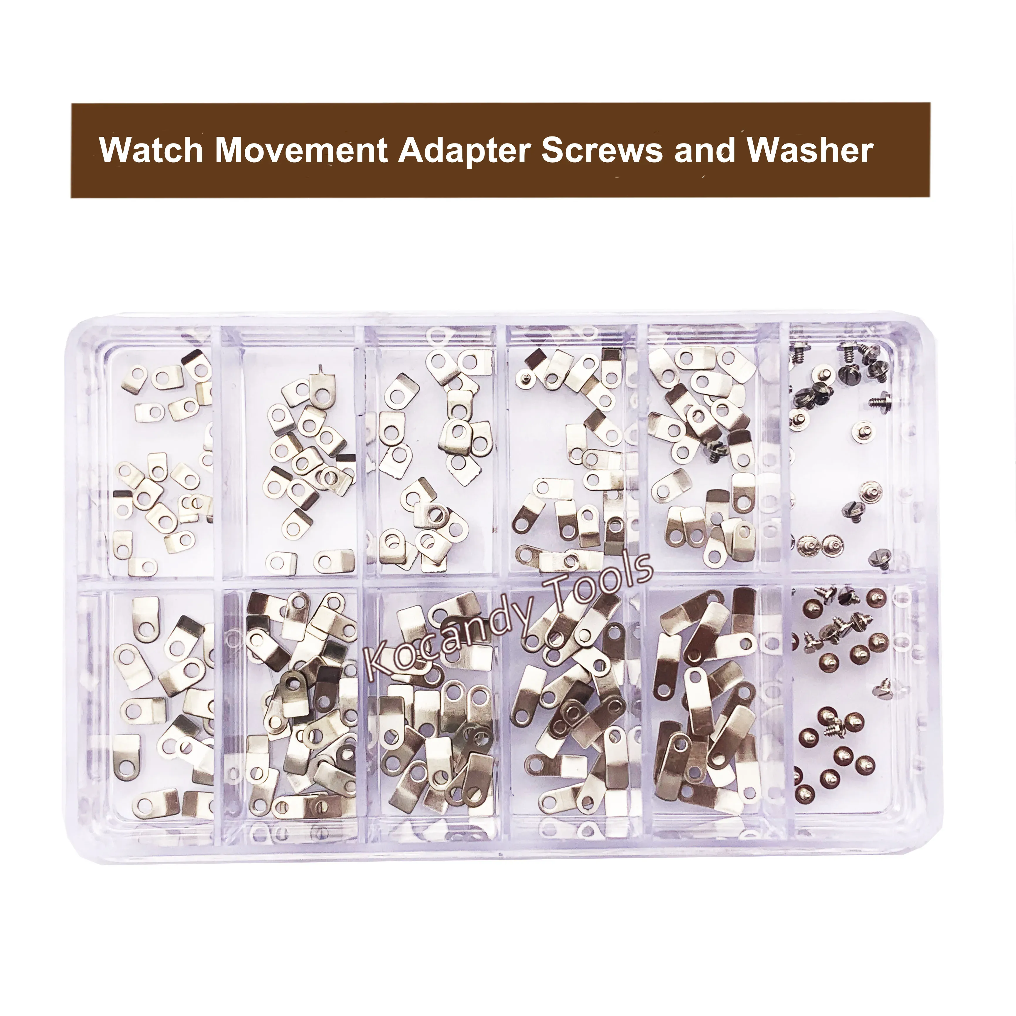 Transparent compartment tray filled with small adapter pieces