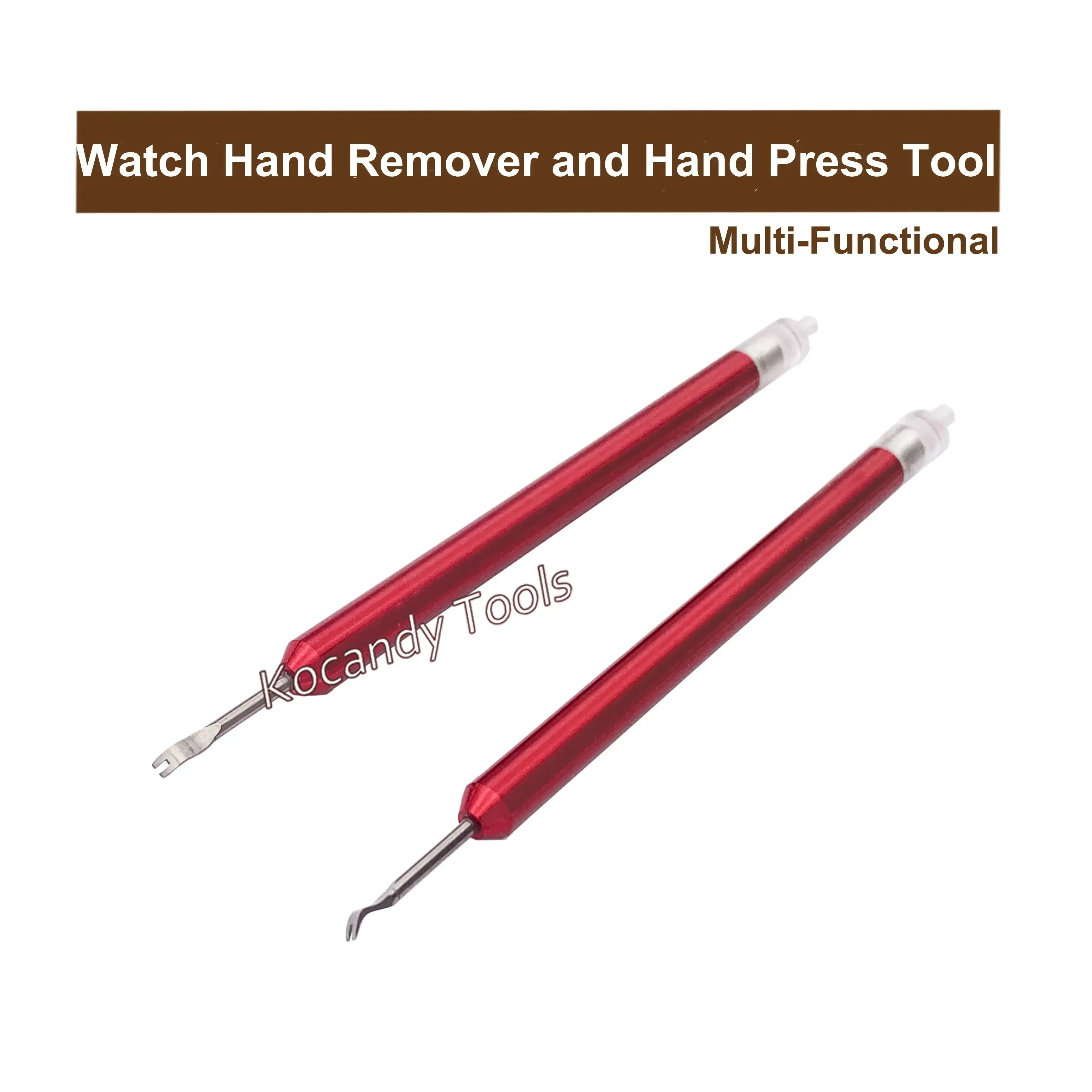 Two red-handled watch hand tools crossed, one pry one press
