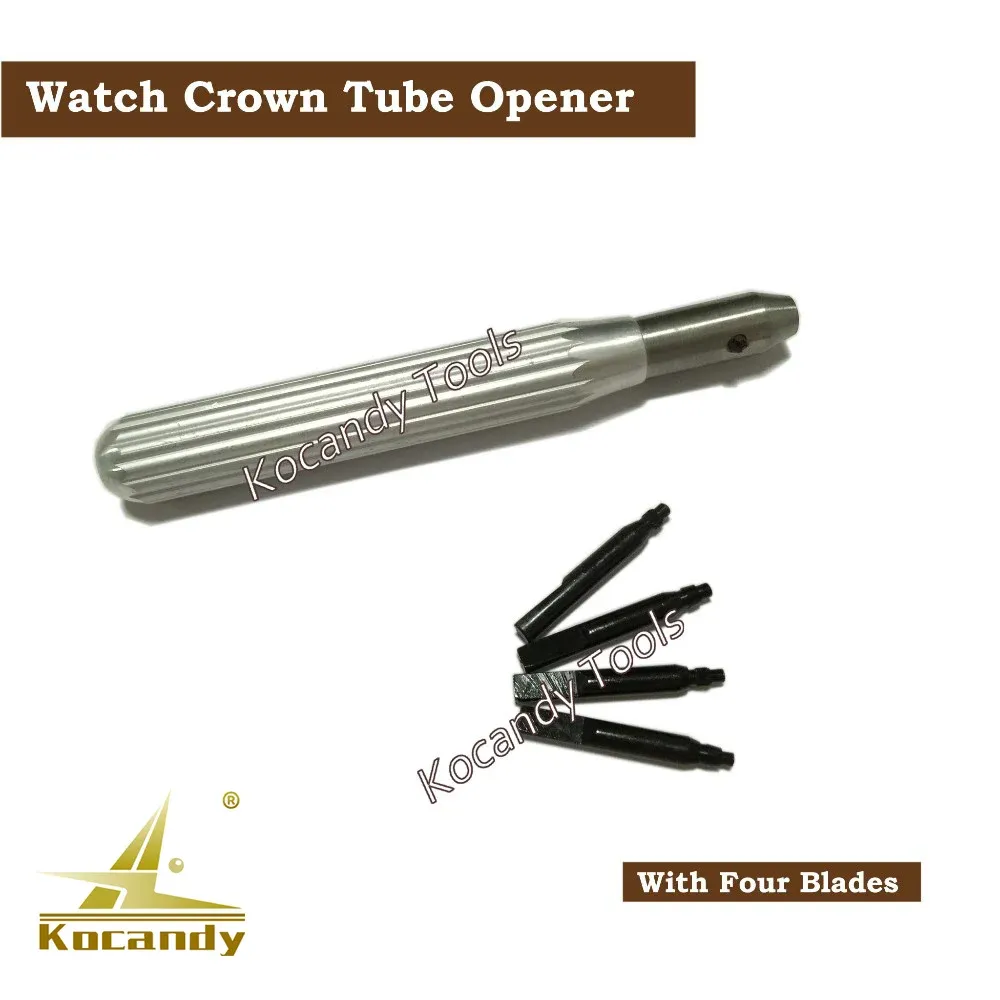 Metal tube opener with four black blade inserts beside it