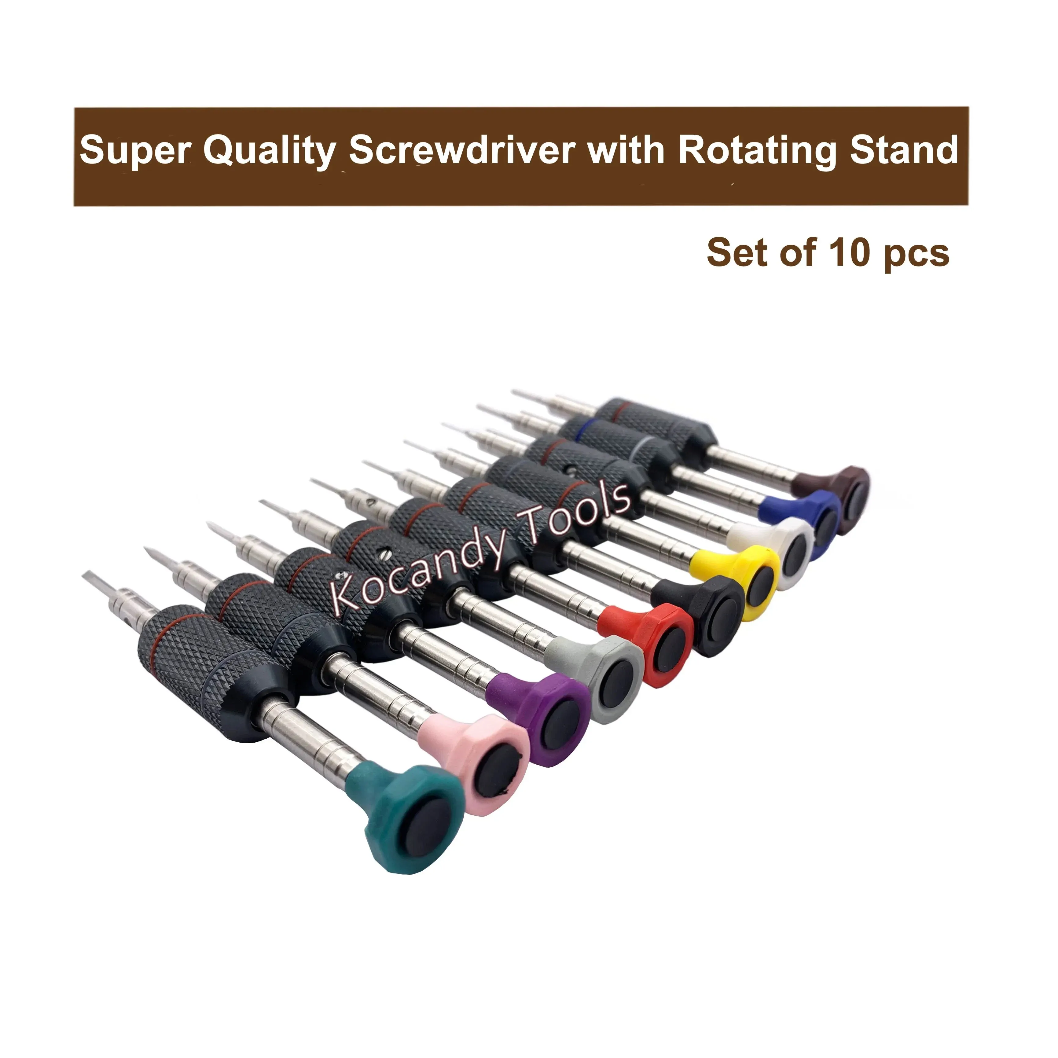 Screwdriver set laid in a row with colour-coded handle tops