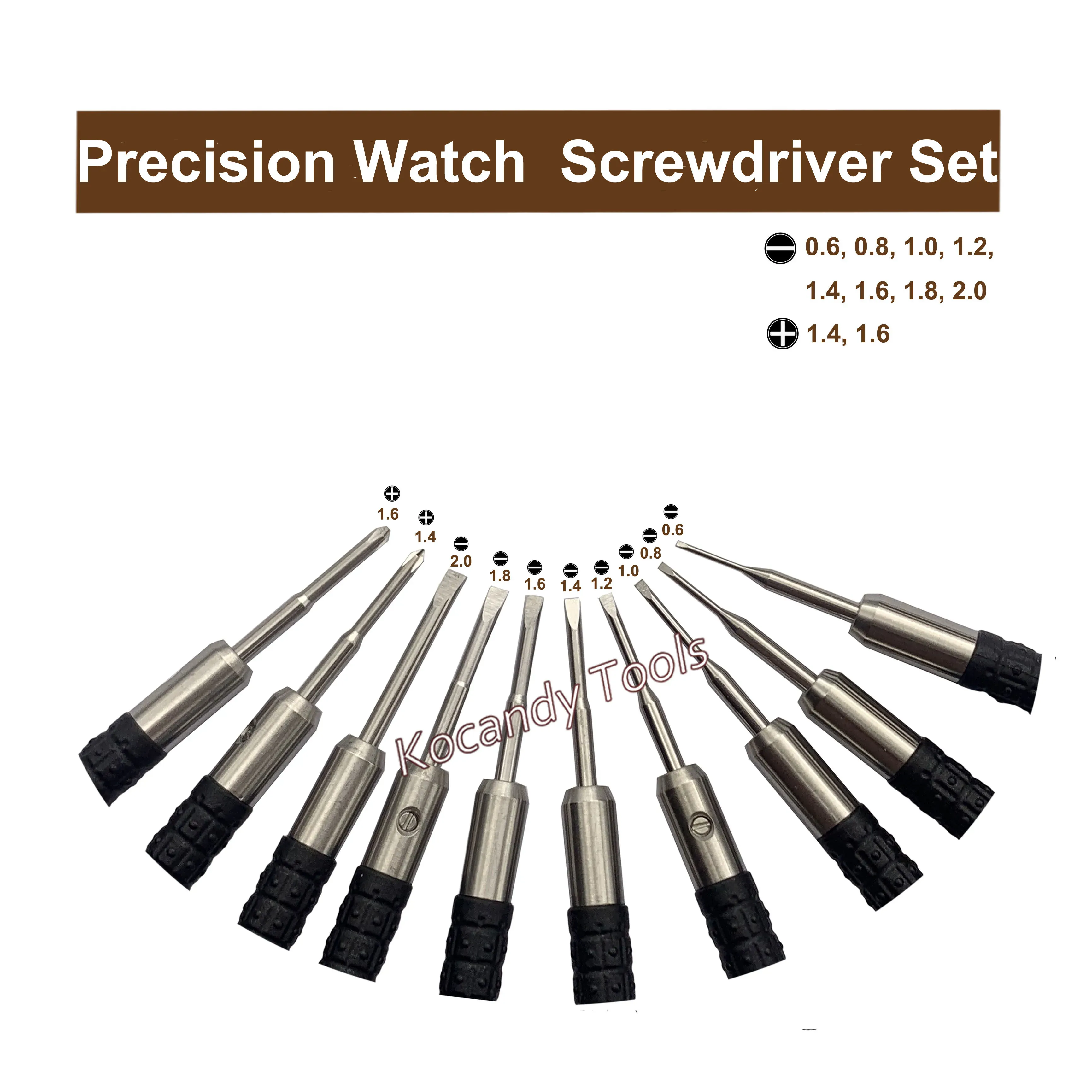 Ten black-handled screwdrivers fanned out with size markings