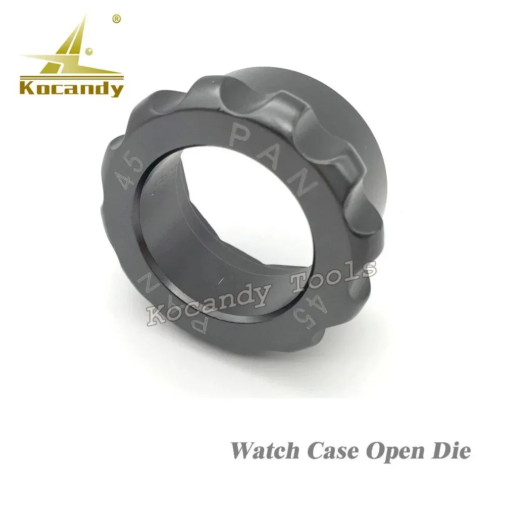 Grey metal 45mm watch case opener die with a scalloped outer edge