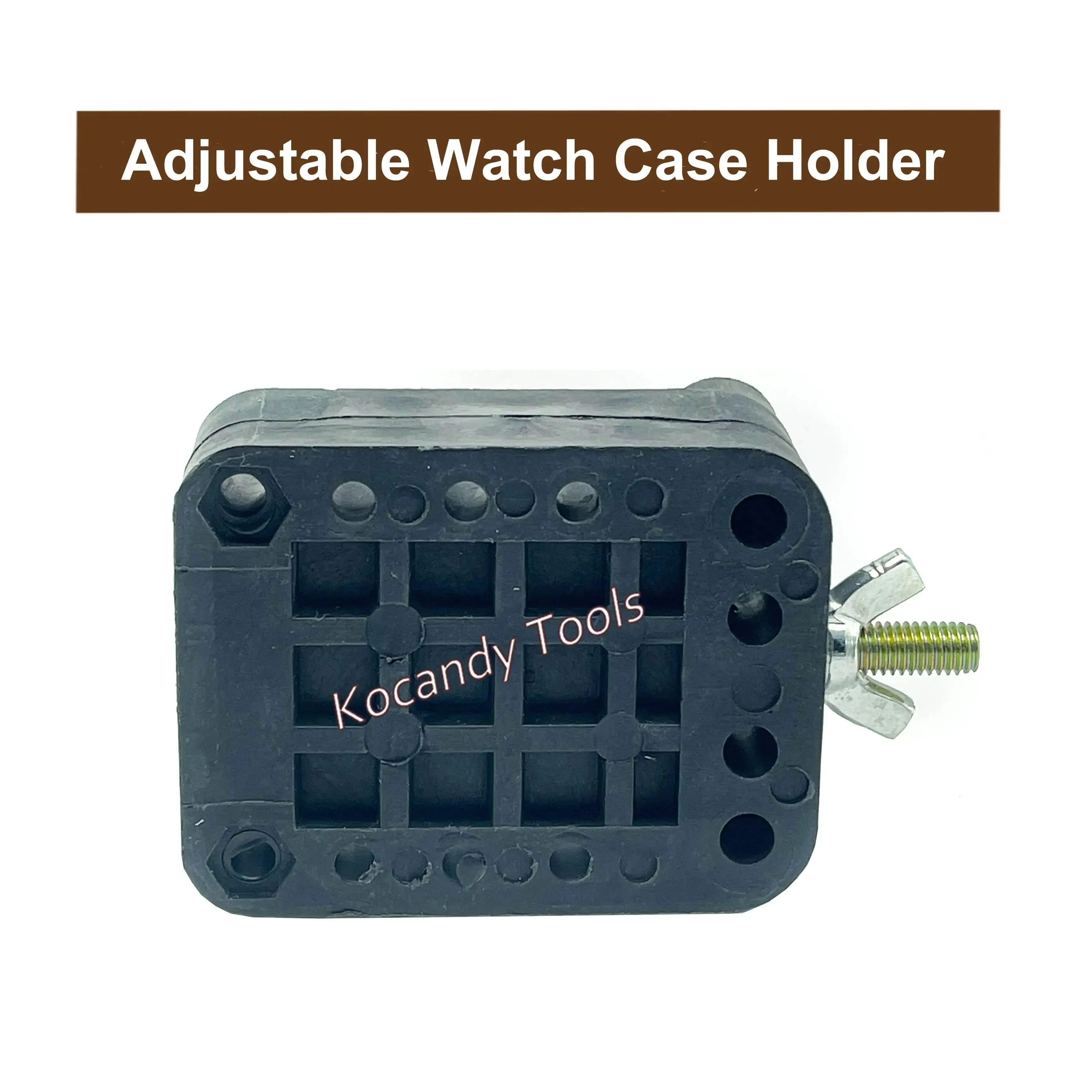 Black adjustable case holder fitted with six clamping screws