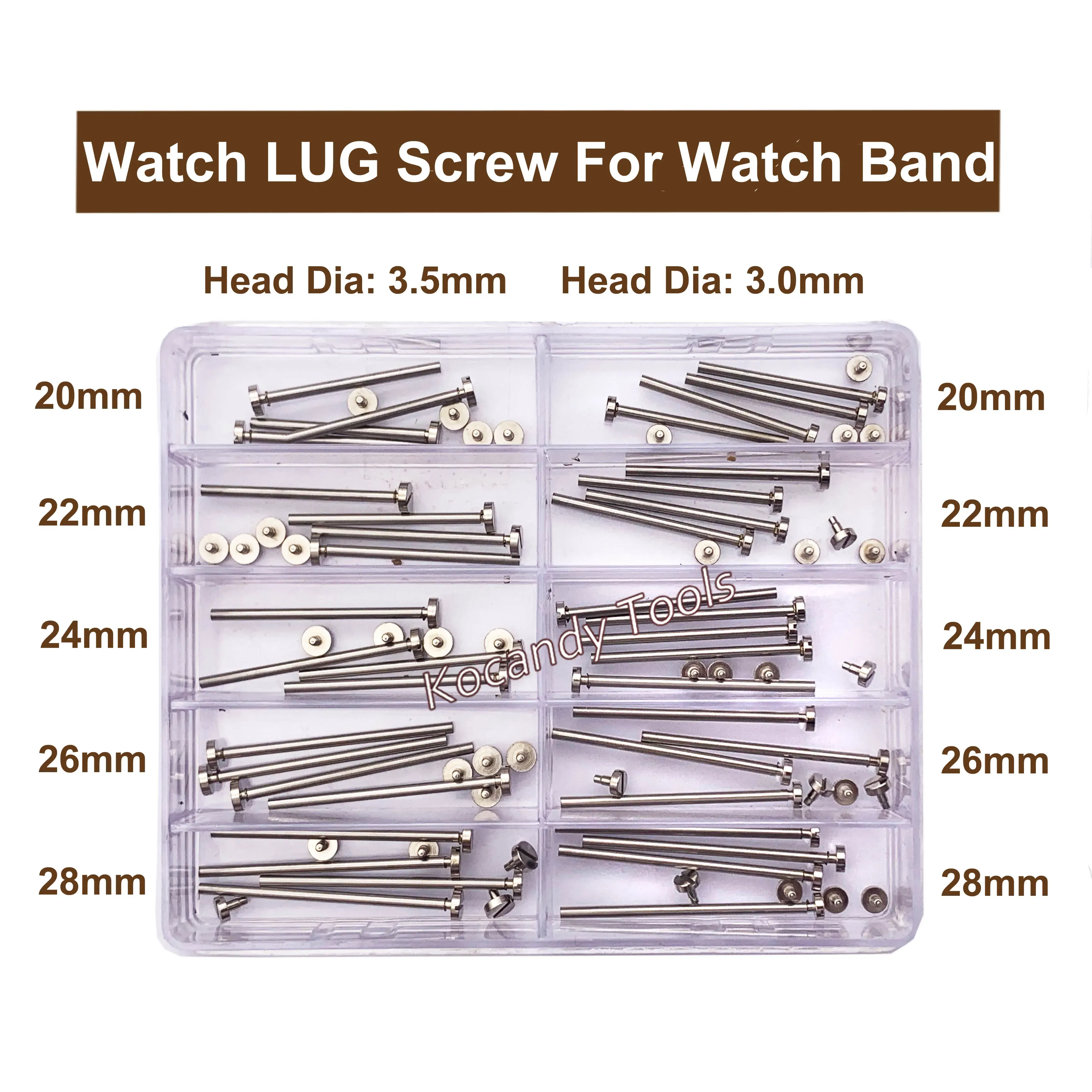 Rivet-end screw pins laid in rows with millimetre size labels
