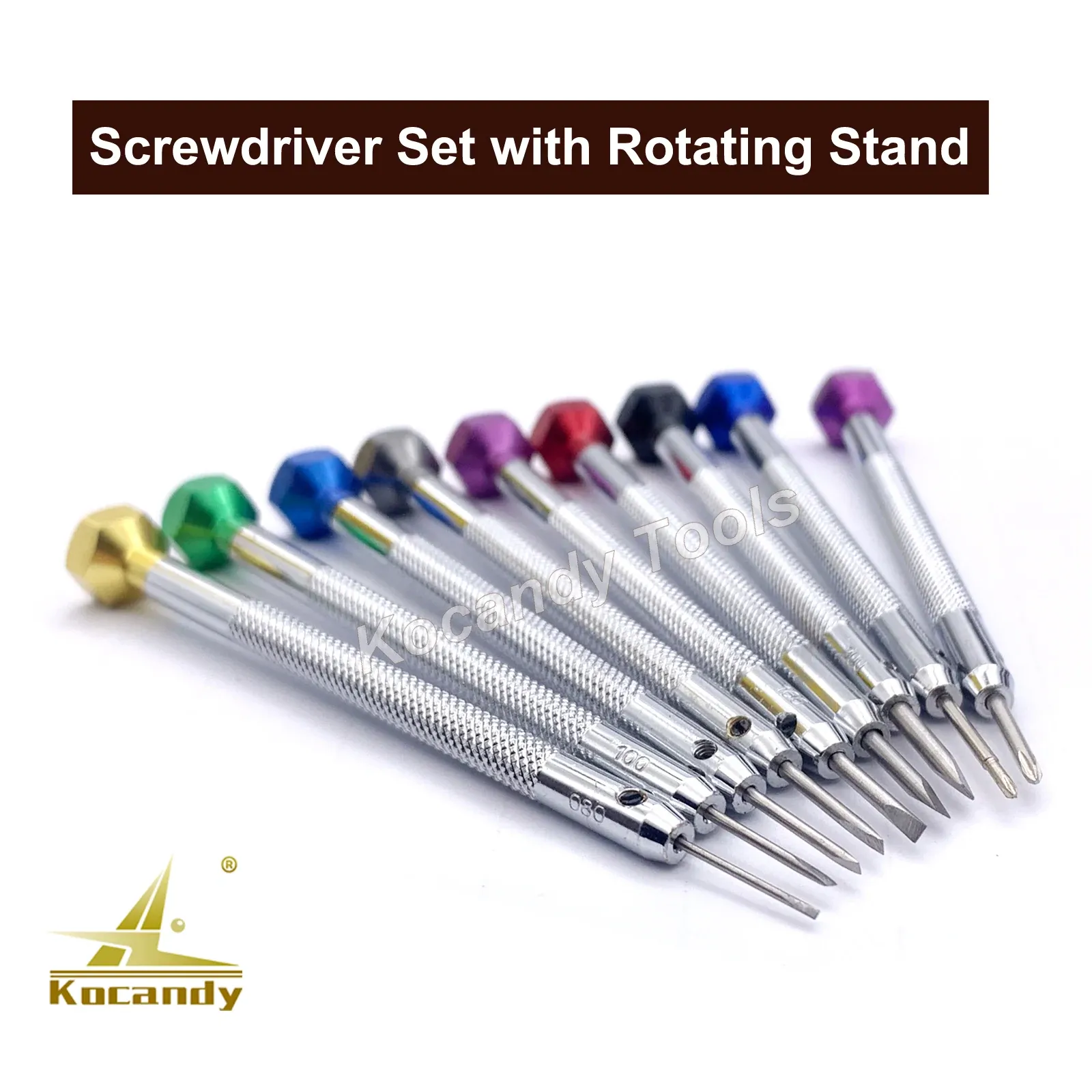 Ten watchmaker screwdrivers fanned out on a rotating stand