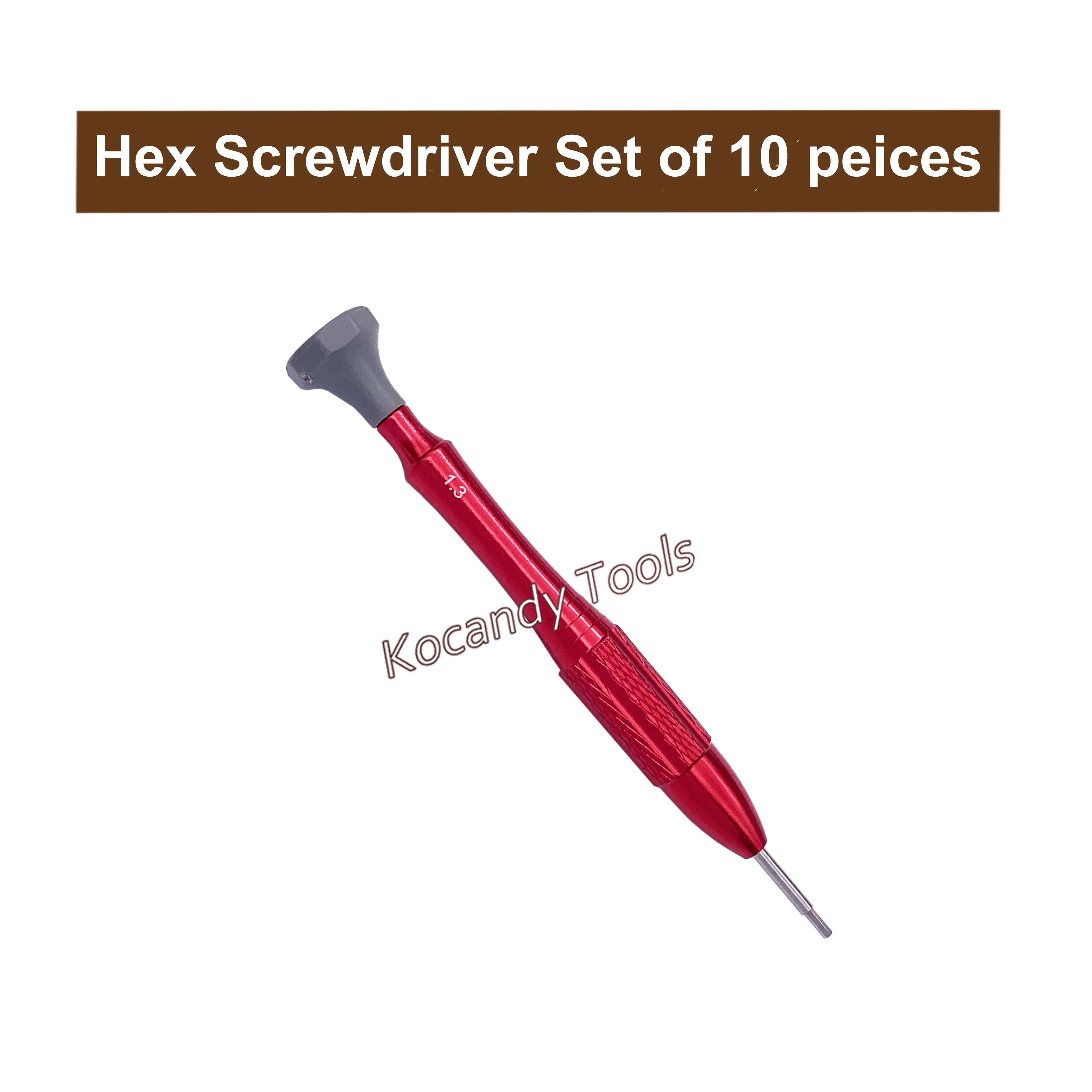 Single red-handled precision hex screwdriver on a white background