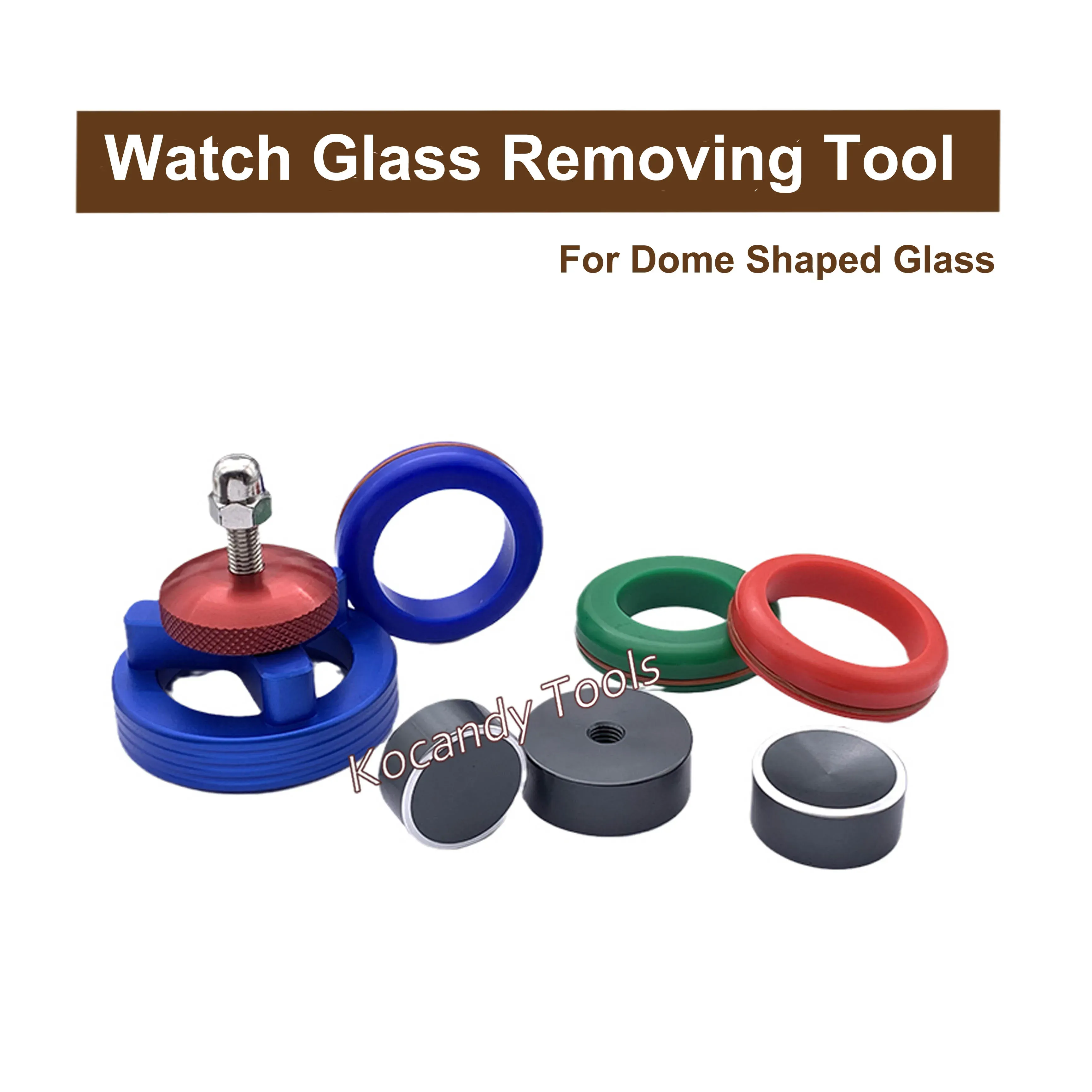 Red and blue glass opener pads with several rubber collars