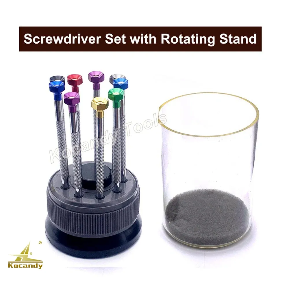 Blue rotating stand holding ten screwdrivers beside a glass base