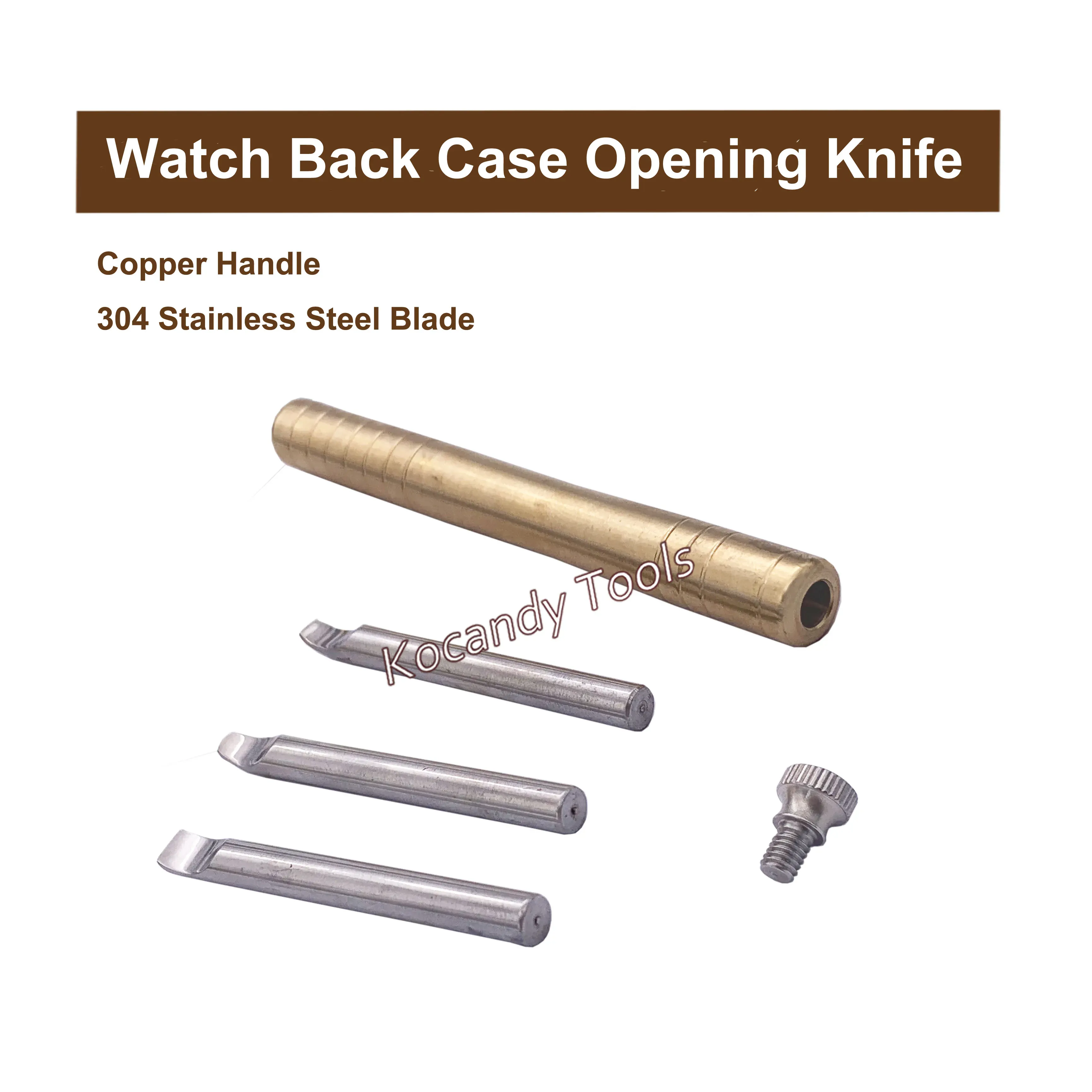 Brass case opener with several black knife blades beside it