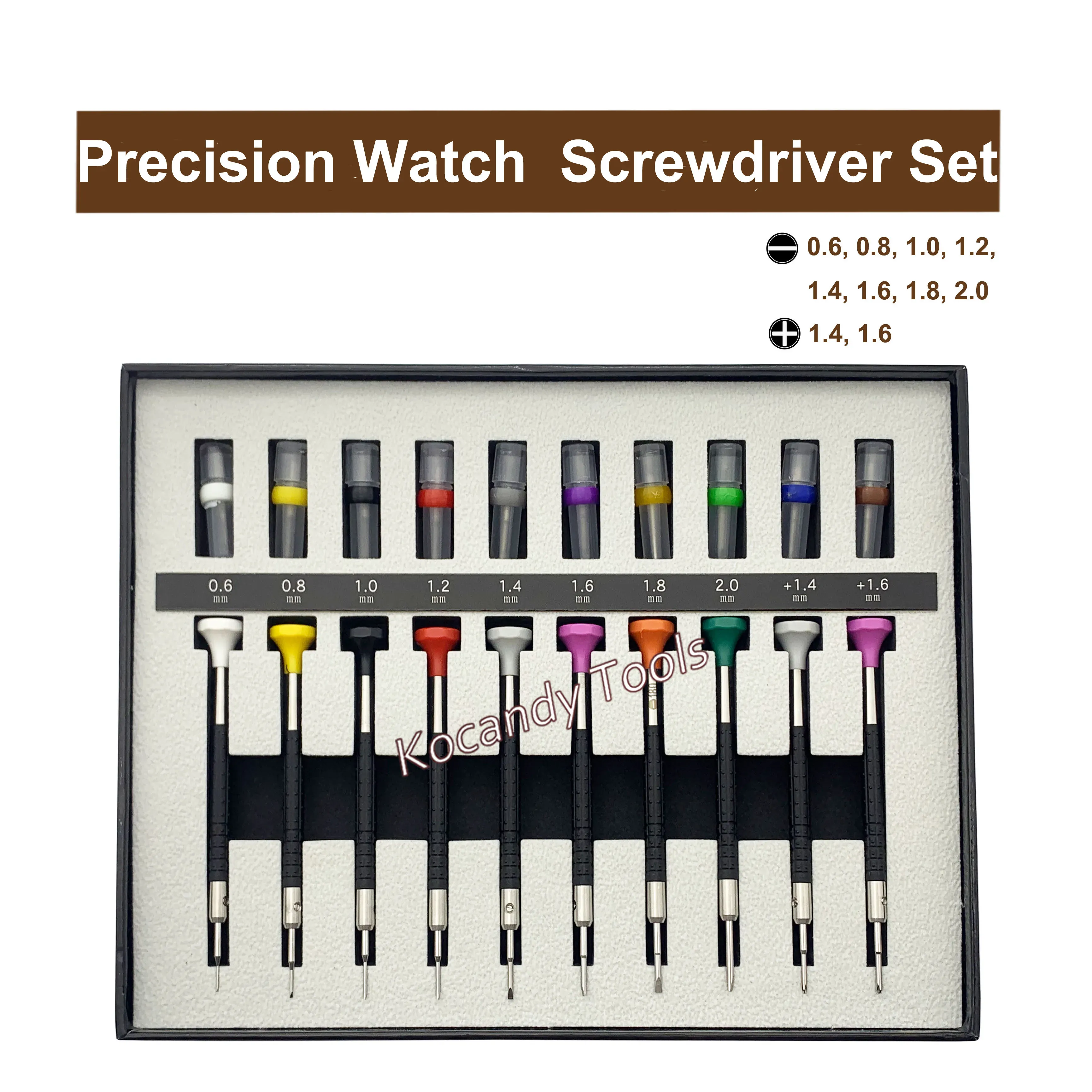 Ten colour-coded screwdrivers standing in a display rack