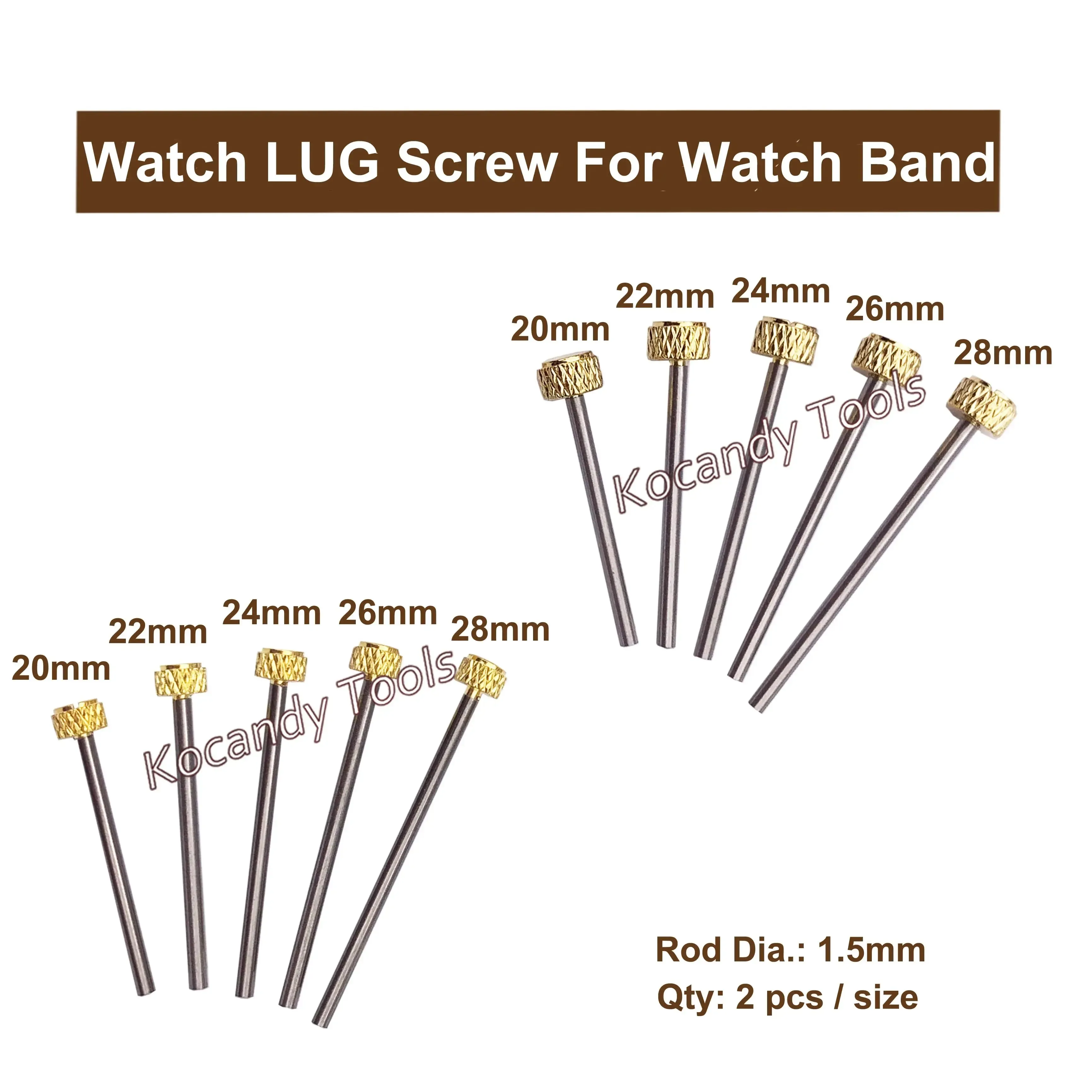 Gold screw pins fanned with lengths 20mm, 22mm, 24mm, 26mm and 28mm