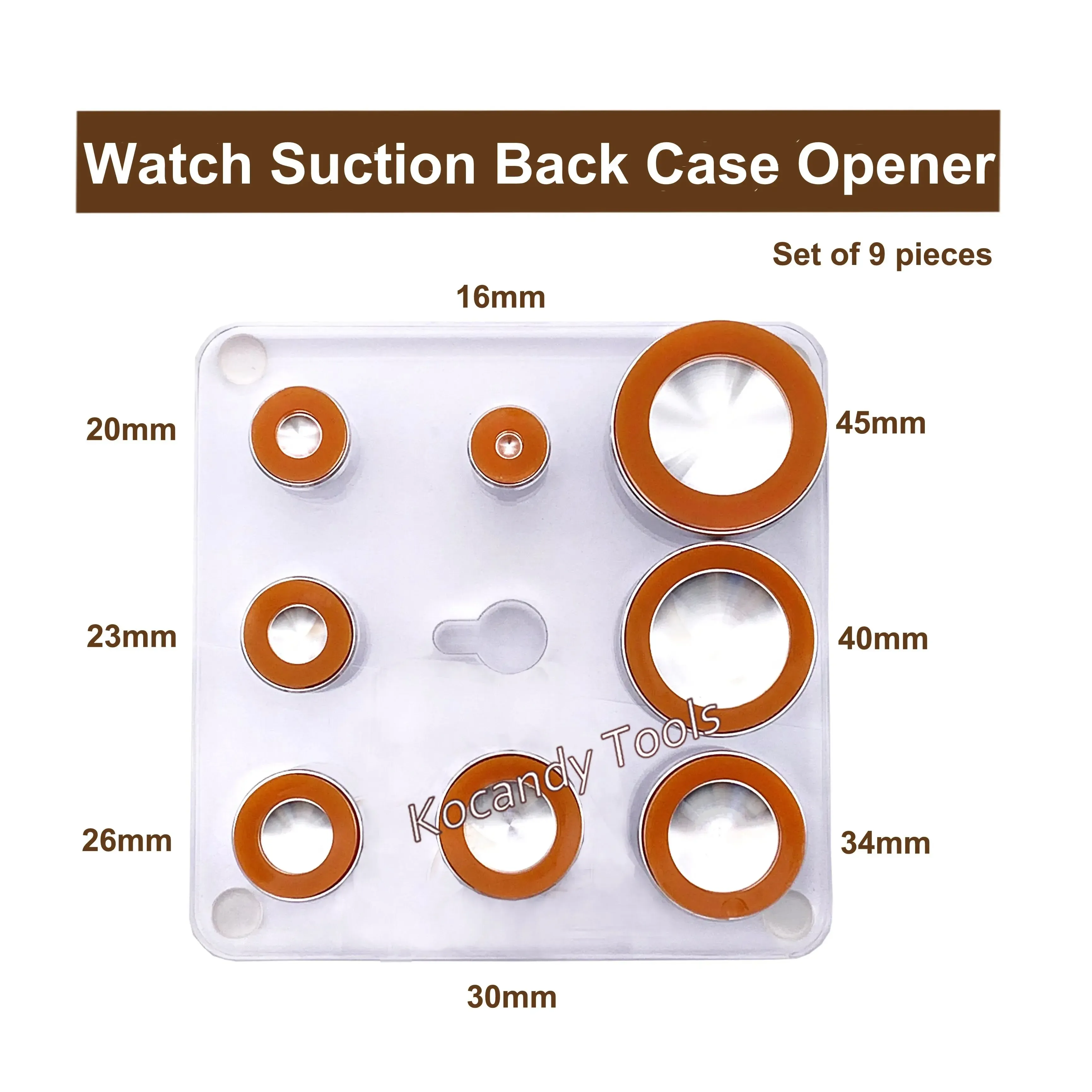 Card showing eight pieces with their sizes and round dies