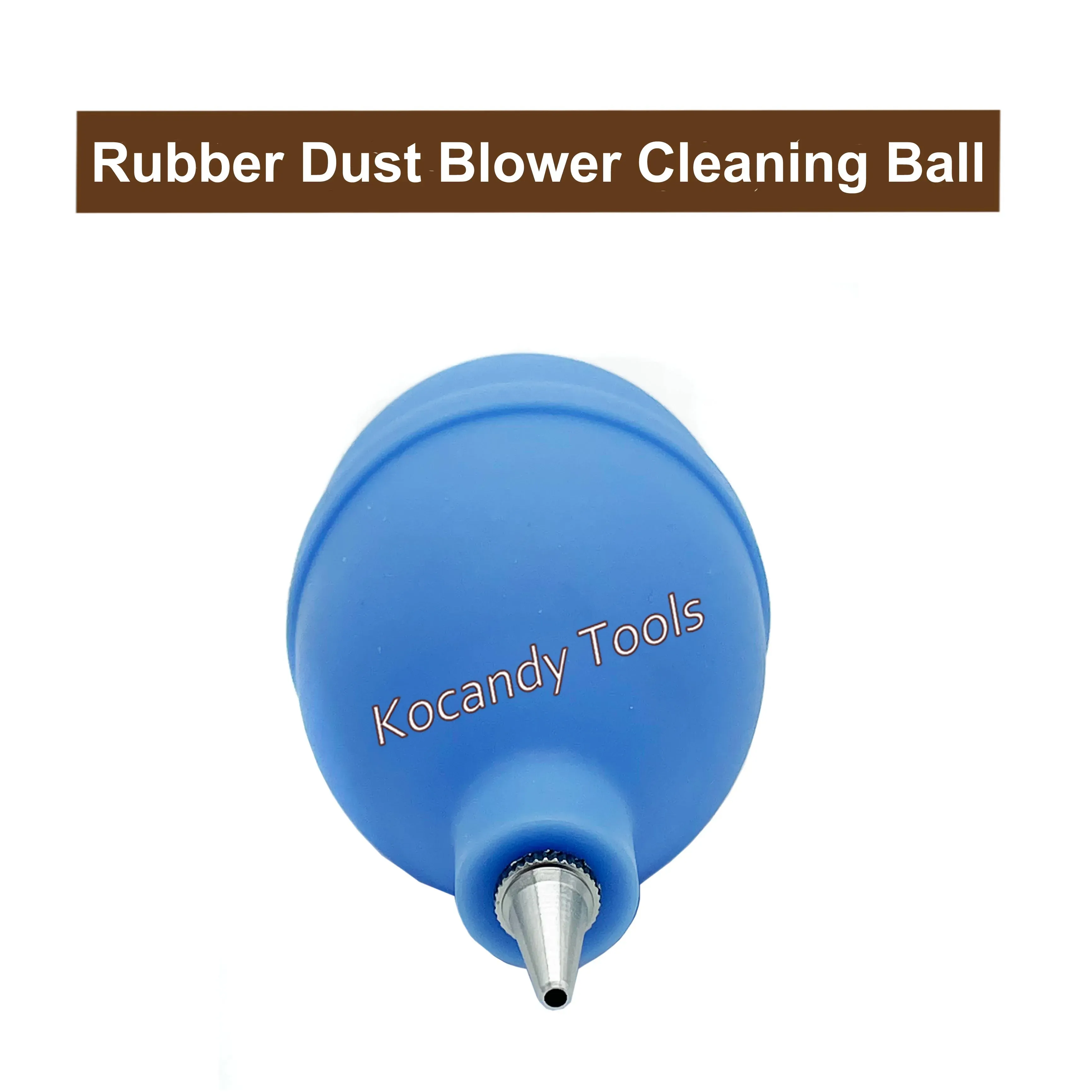 Blue rubber blower bulb seen from the front with a metal nozzle