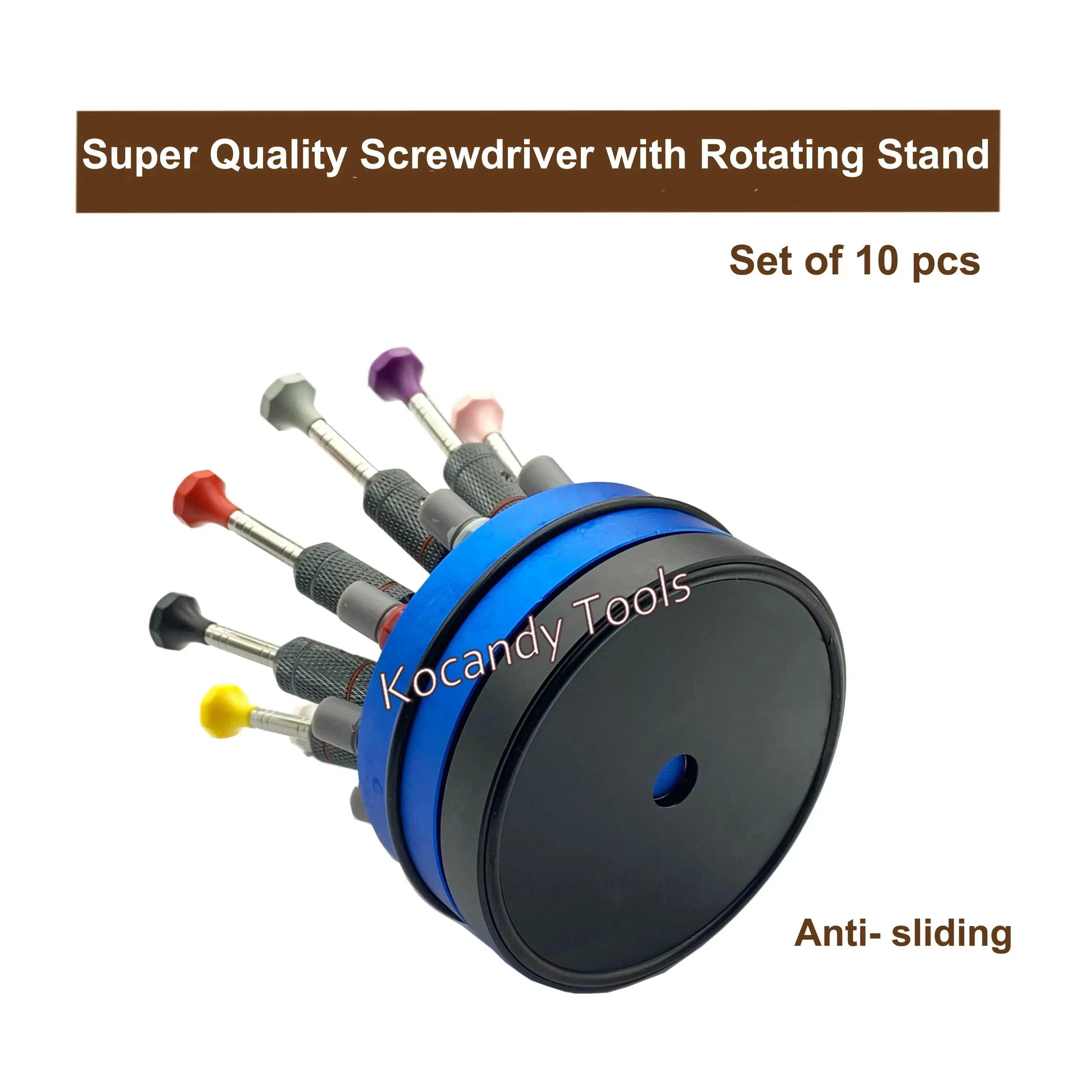 Blue anti-sliding rotating stand holding ten colour-coded screwdrivers