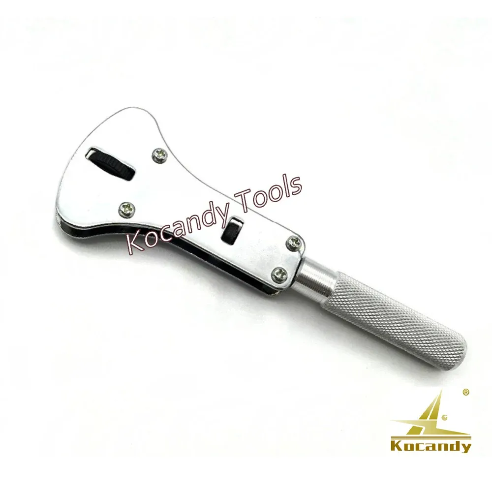 Silver Jaxa watch case opener wrench with black handle on white