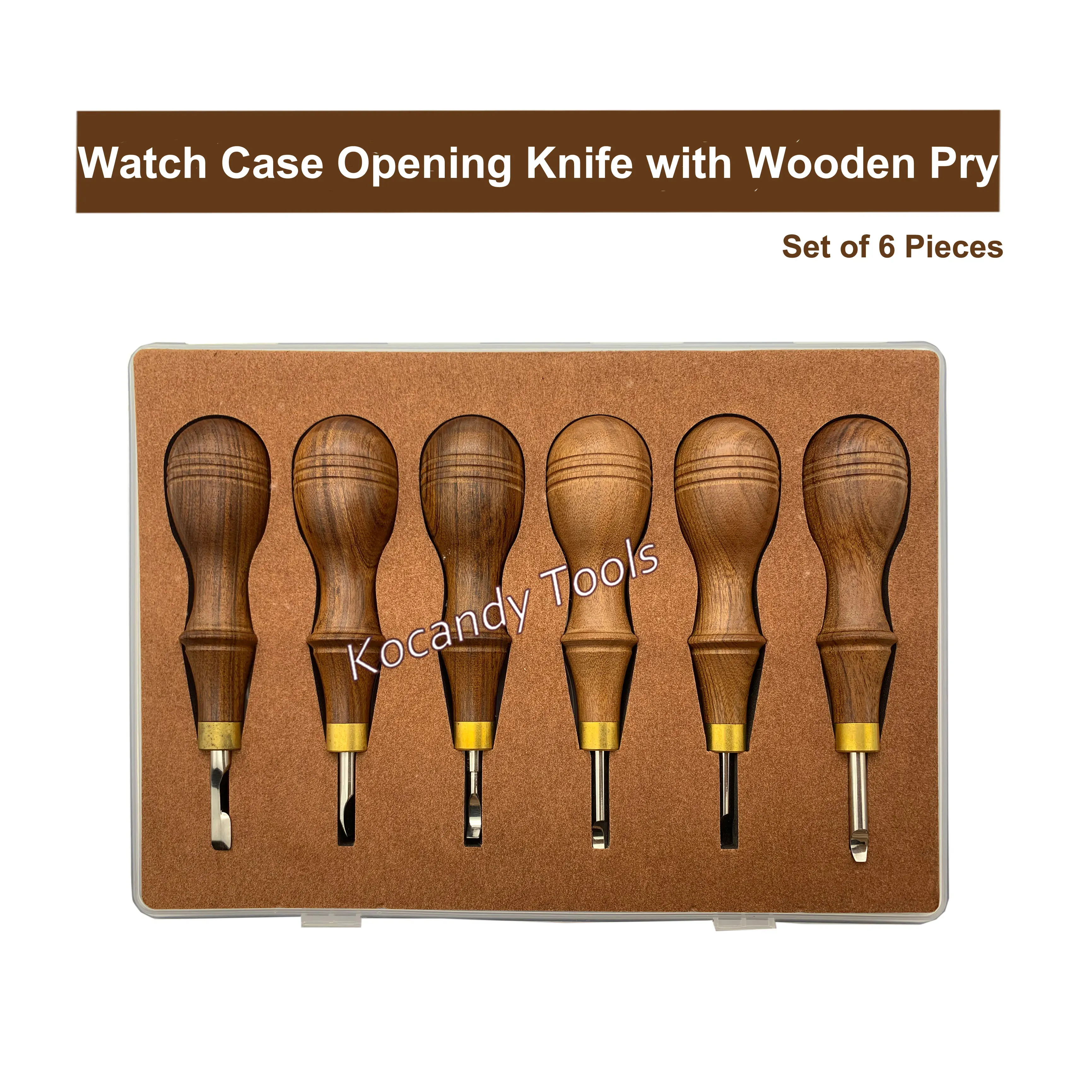 Six wooden-handle pry tools stored in a wooden presentation tray