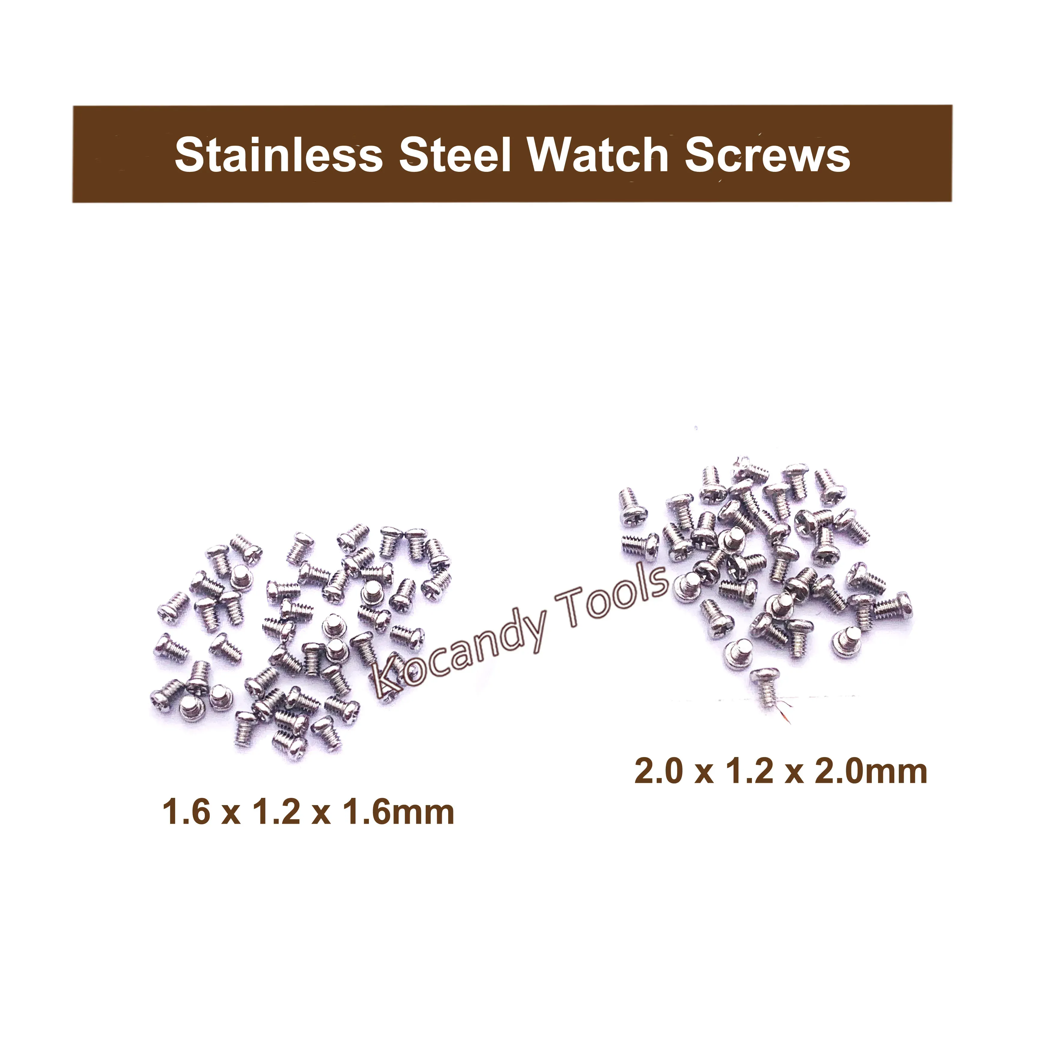 Pile of tiny watch screws labelled 1.4 x 1.2 x 3.5mm