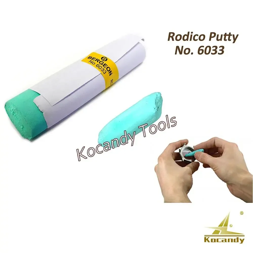 Hands cleaning a watch movement with a piece of Rodico putty