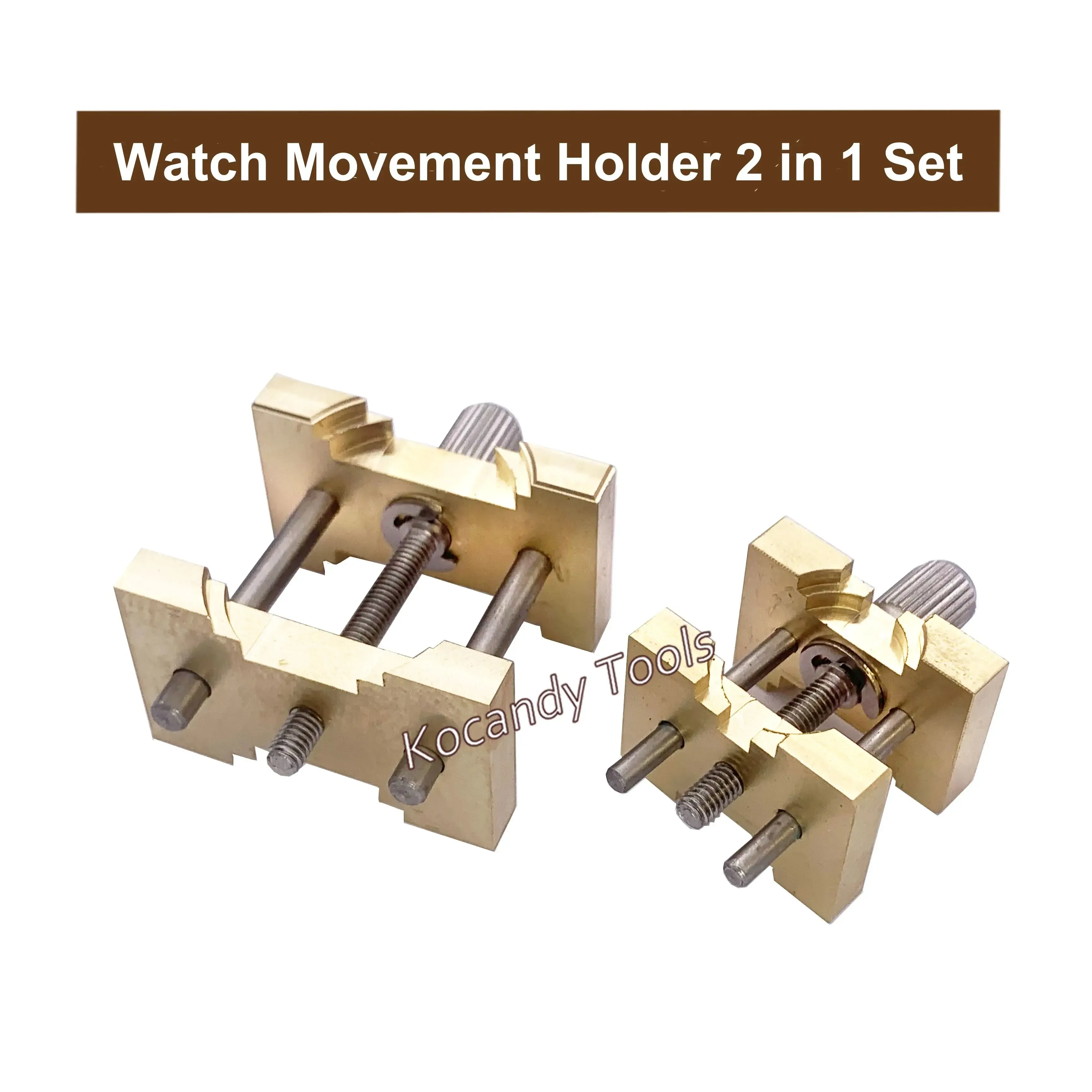 Two brass watch movement holder clamps side by side