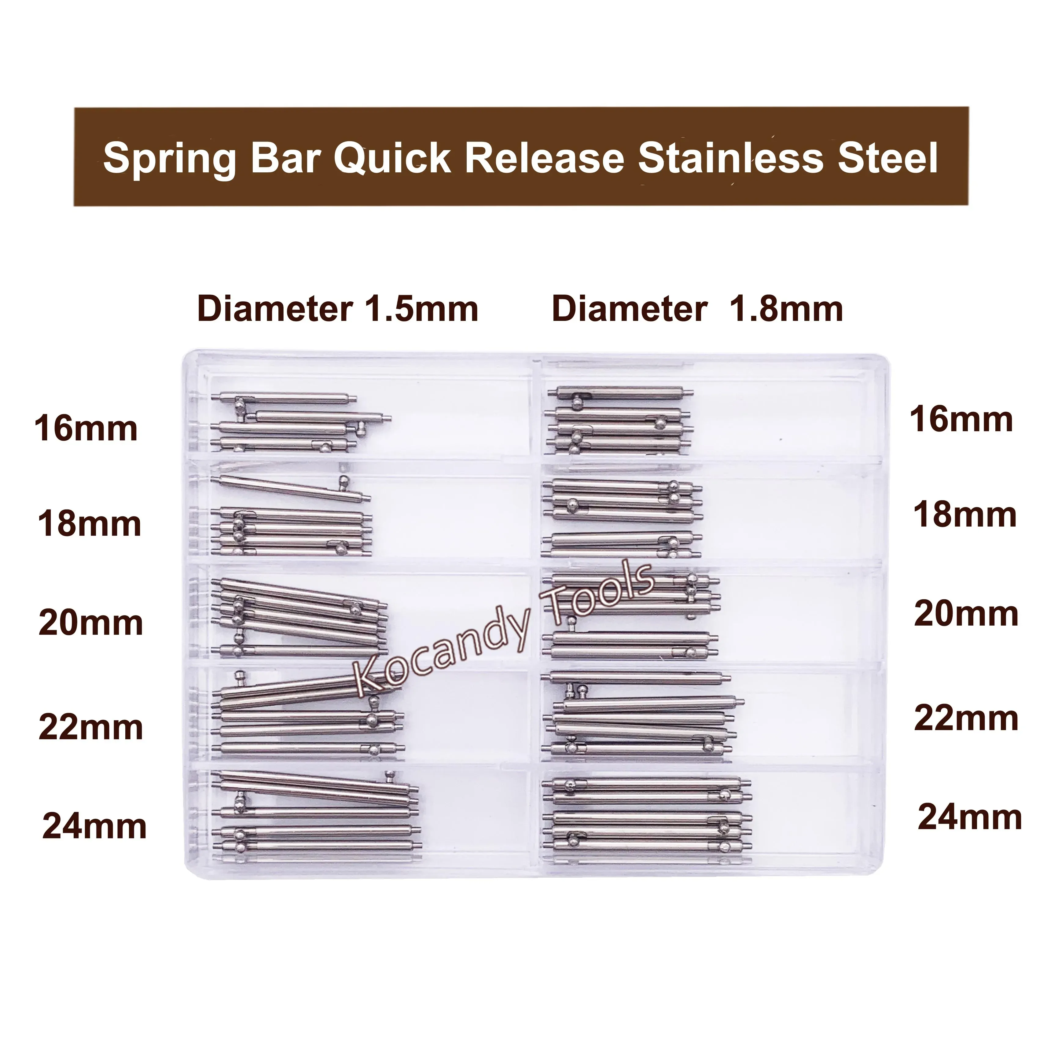 Spring bar retail pack beside a chart listing 1.5 mm and 1.8 mm diameters