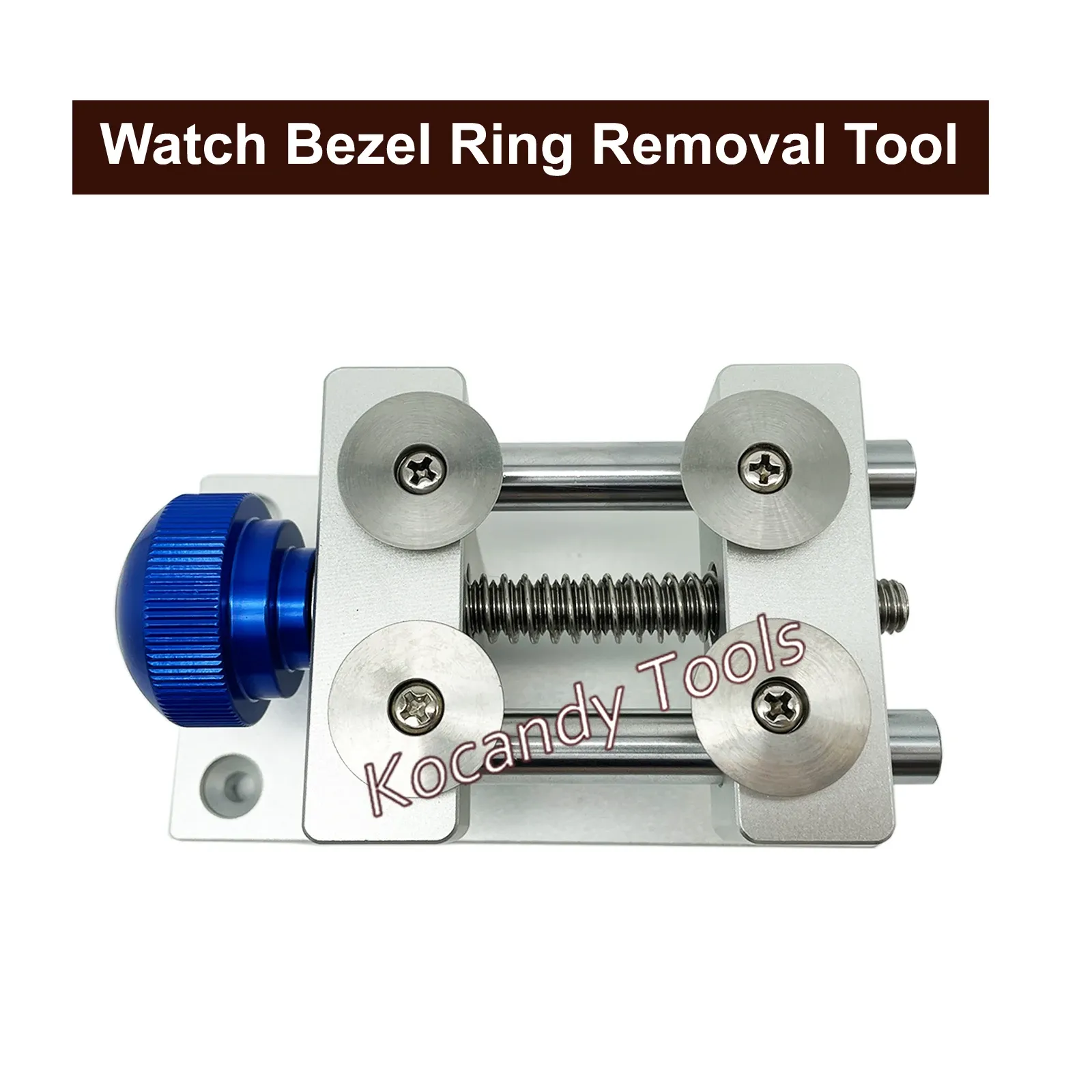 Bezel ring removal tool in silver finish with blue adjustment knobs