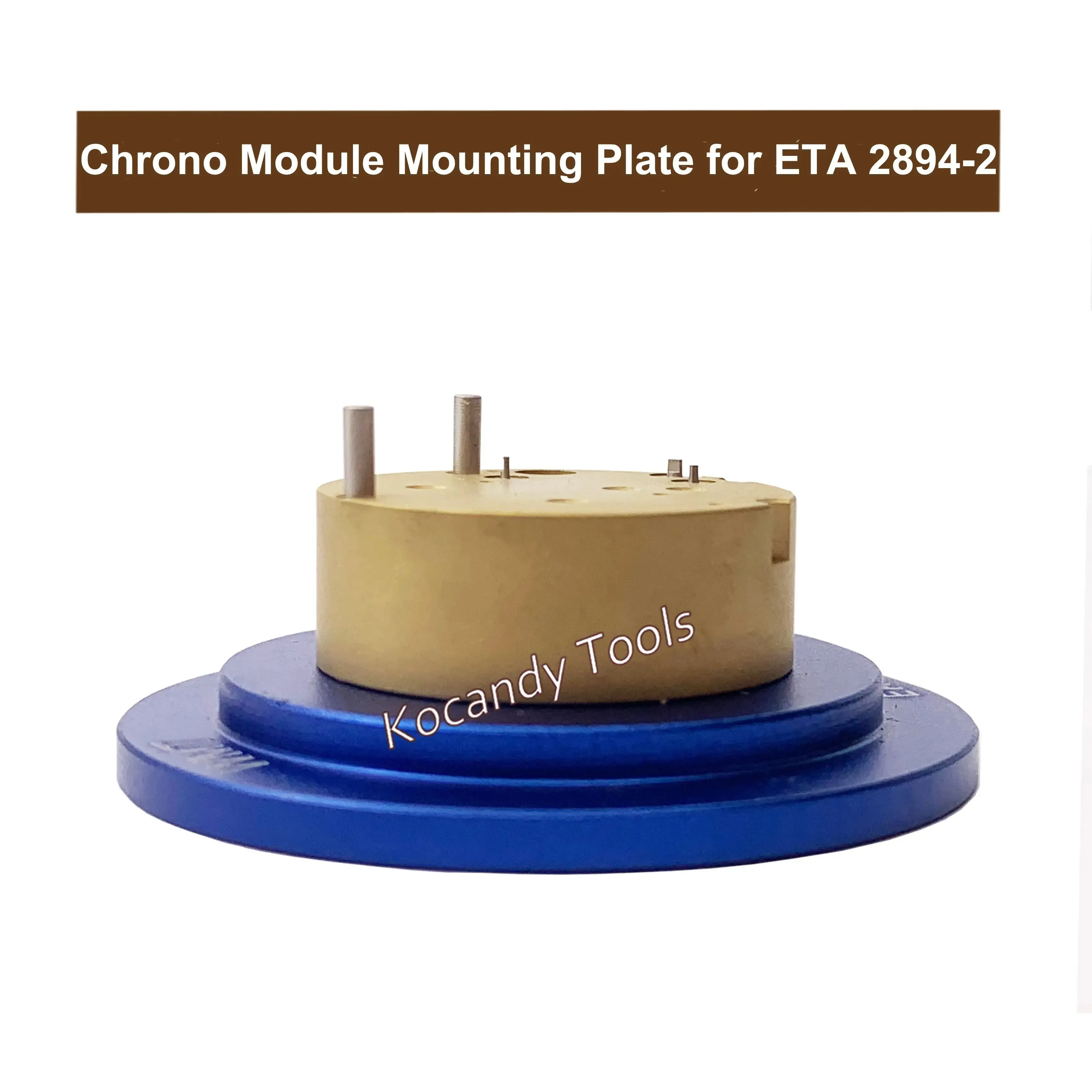 Cream chronograph module mounting plate on a blue base