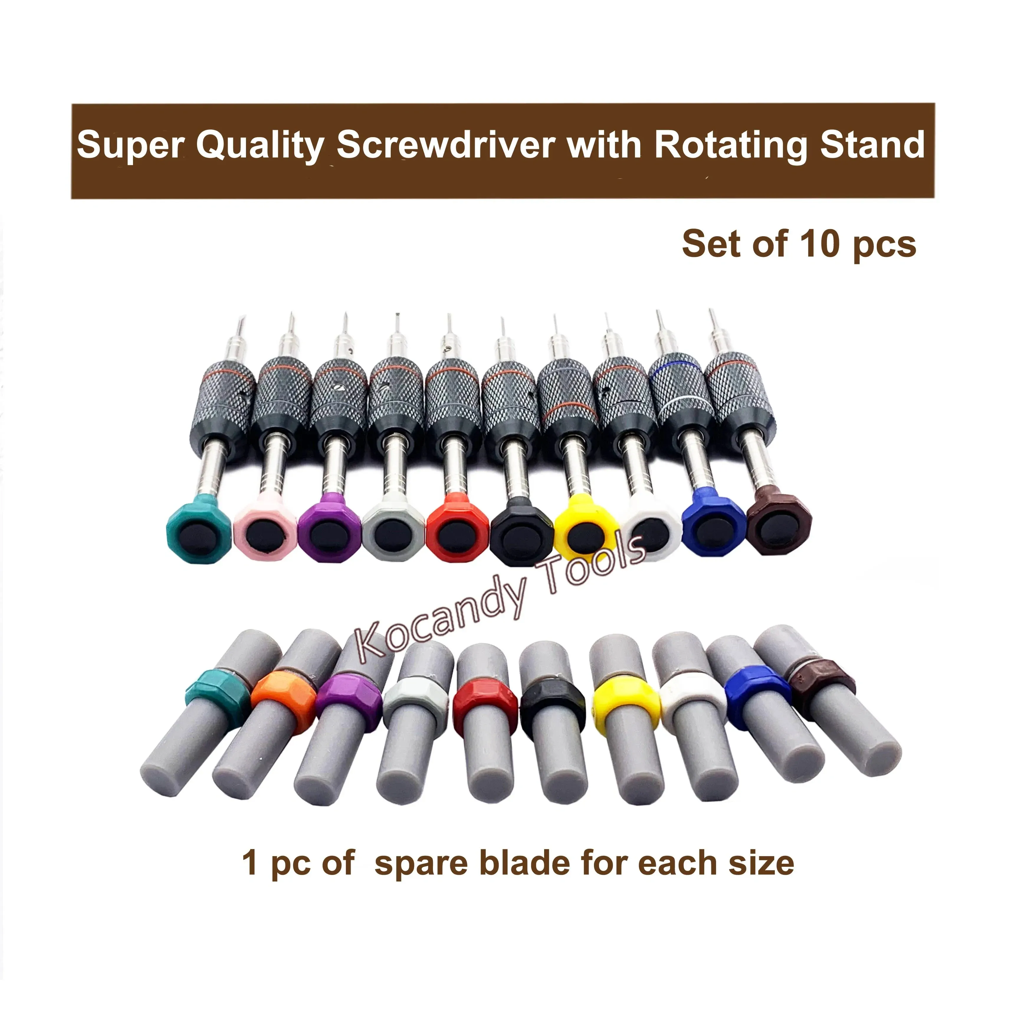 Screwdrivers standing in a row with spare blades shown below
