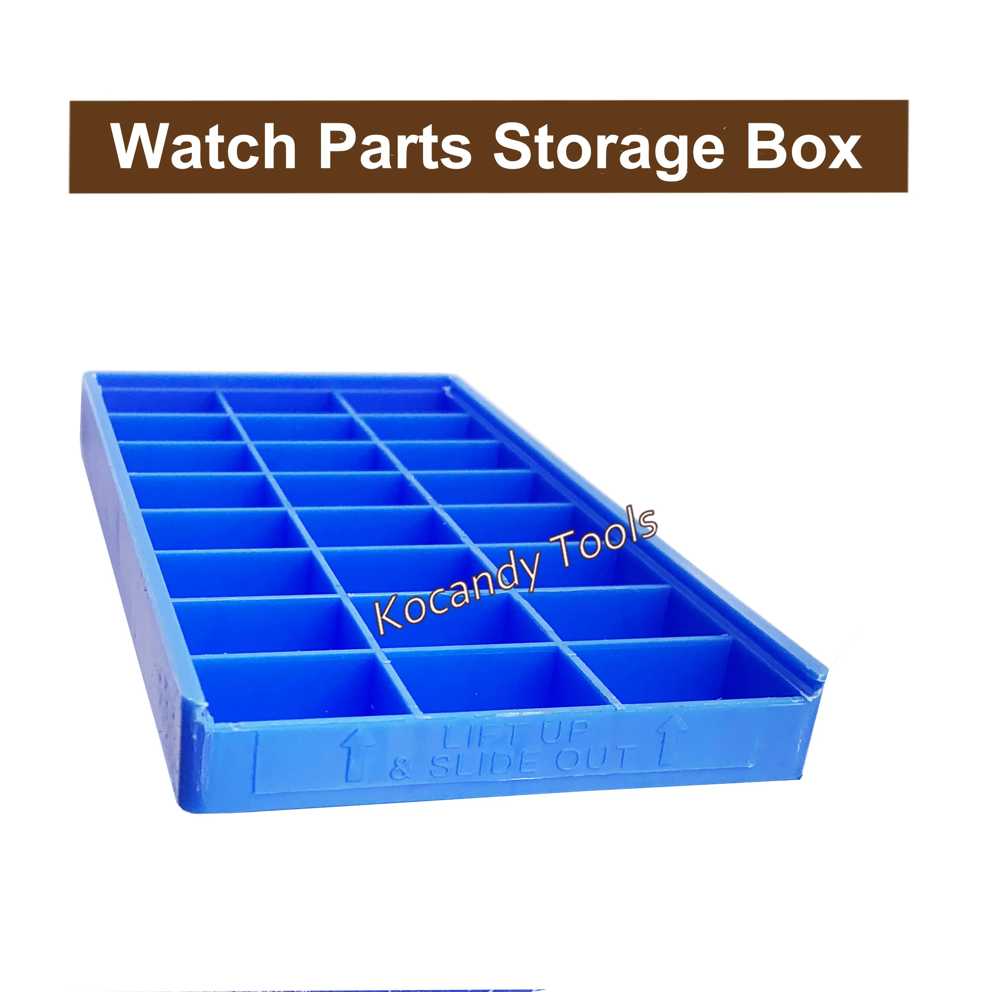 Blue storage tray with eight large square compartments