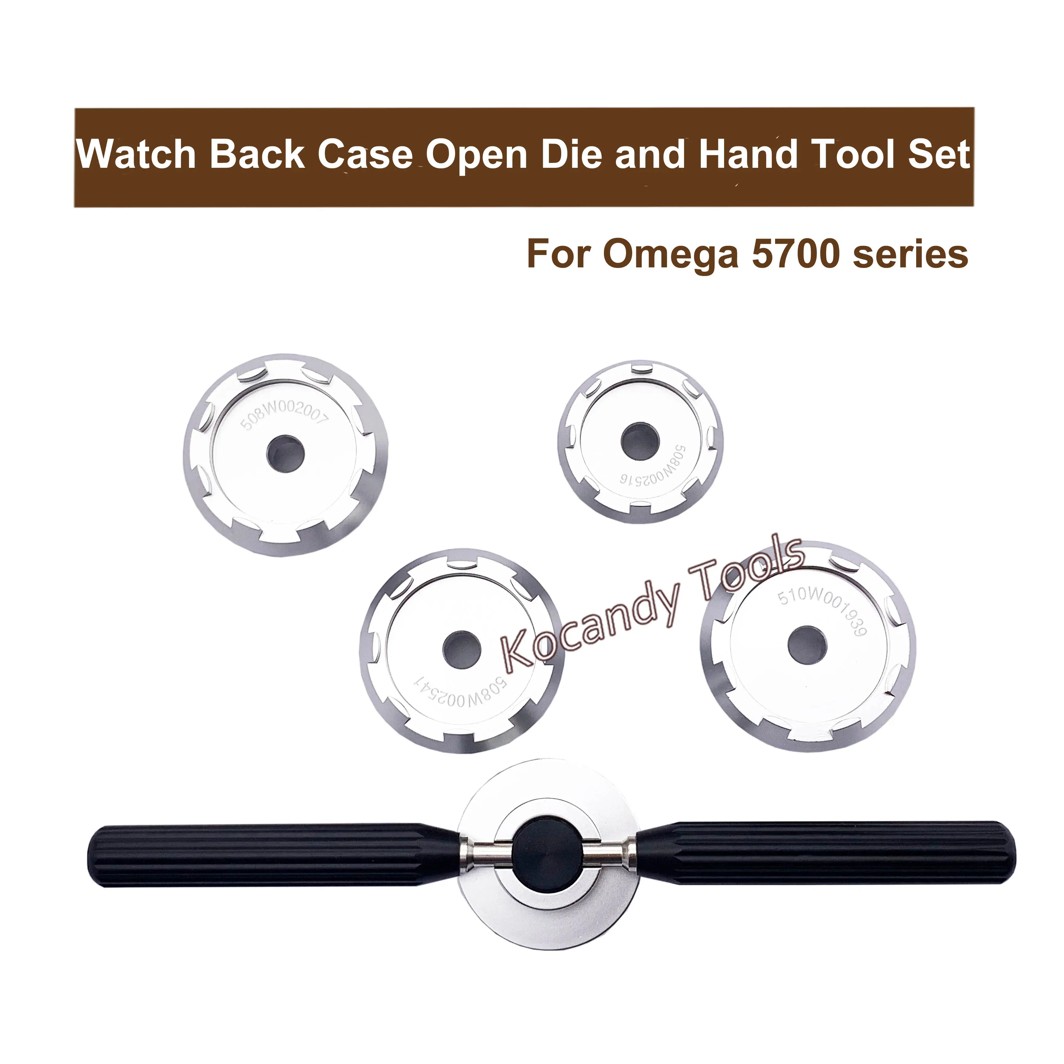 Black T-handle wrench with a round case back die attached