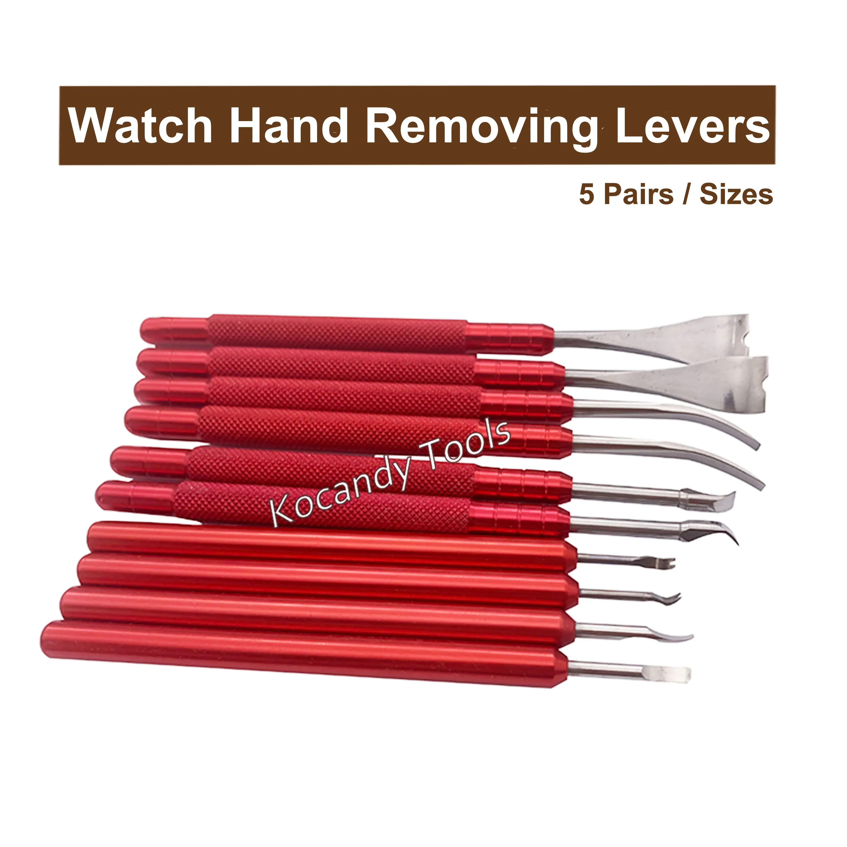 Five red-handled watch levers fanned out on white