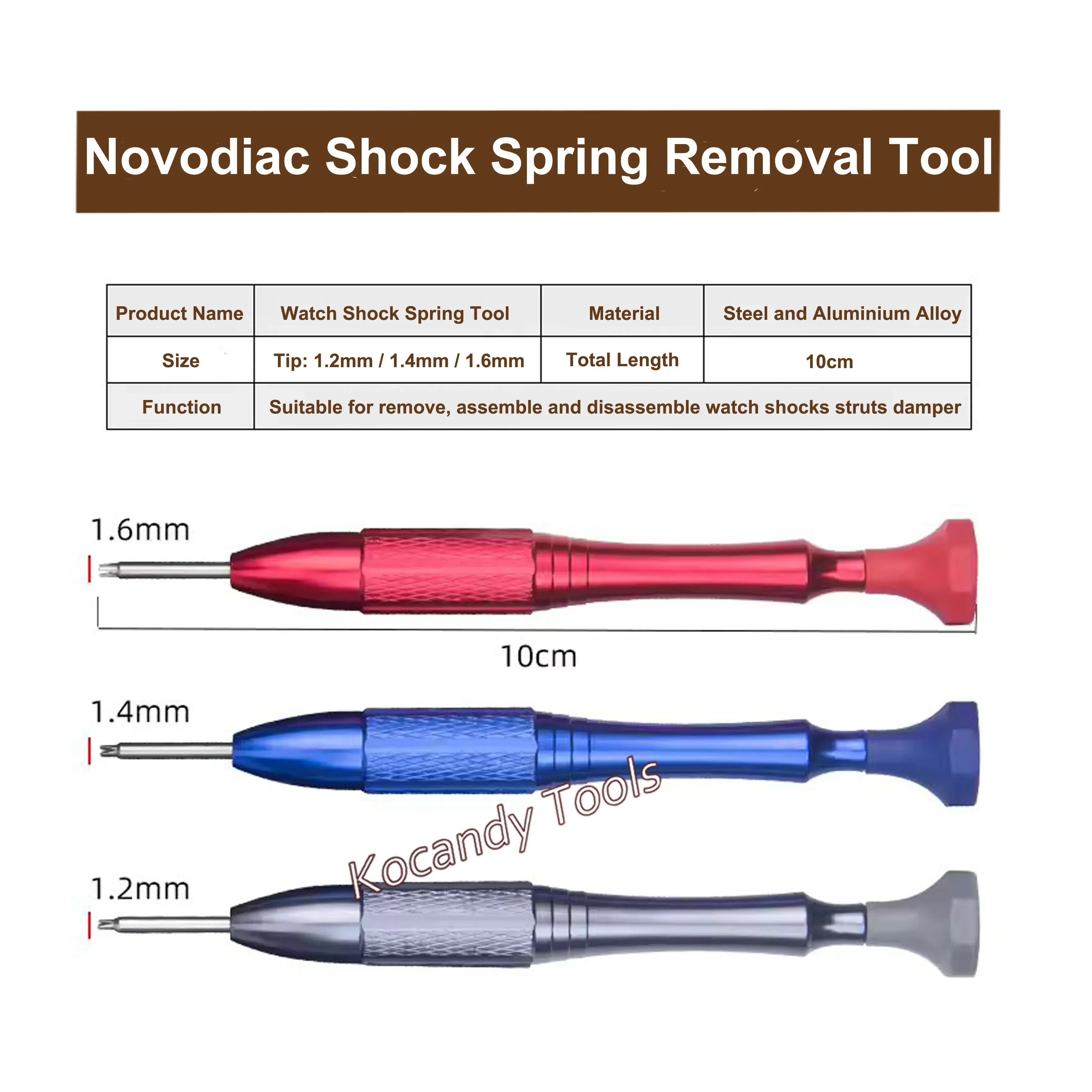 Three colour-coded screwdrivers shown with length callouts in mm