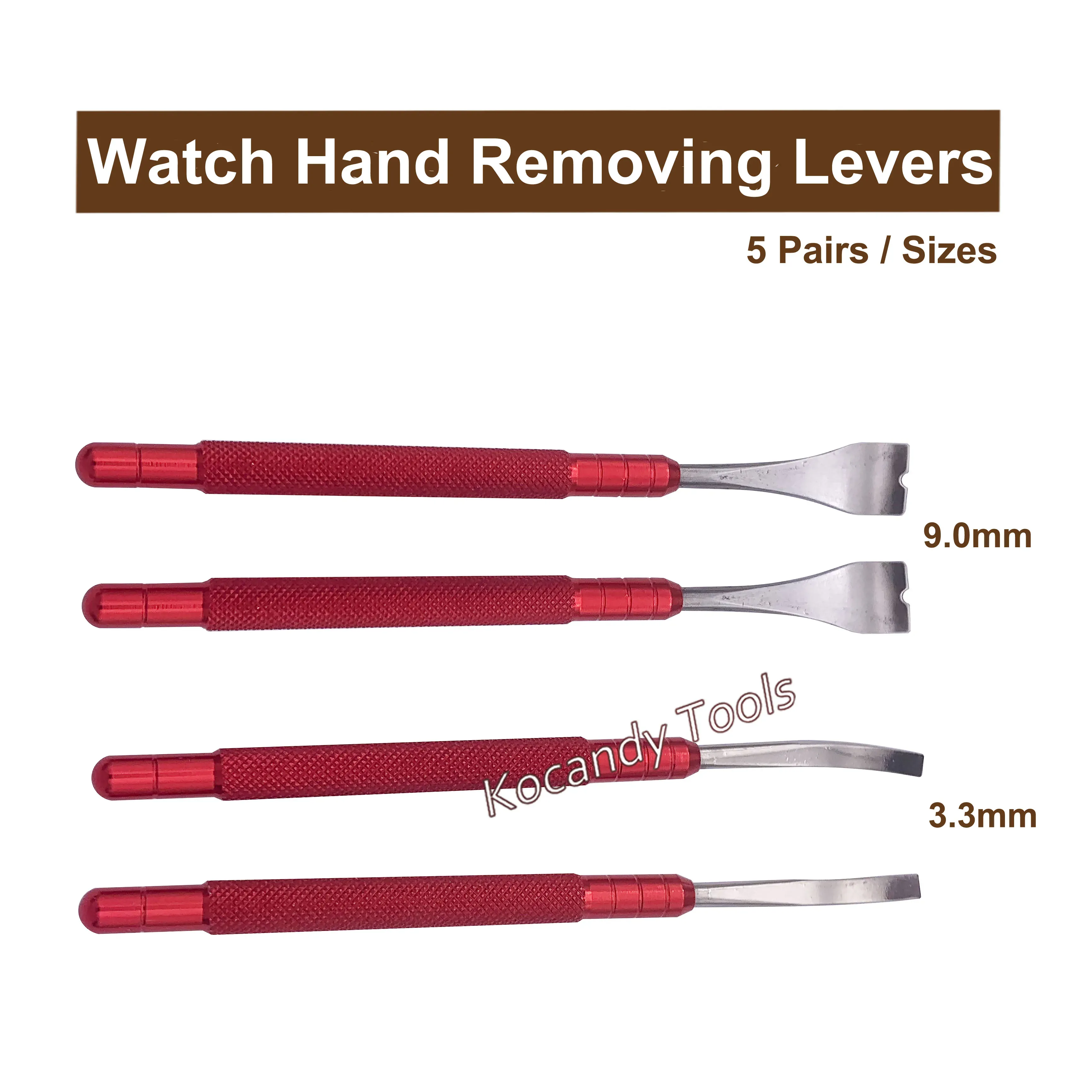 Row of red-handled precision watch levers