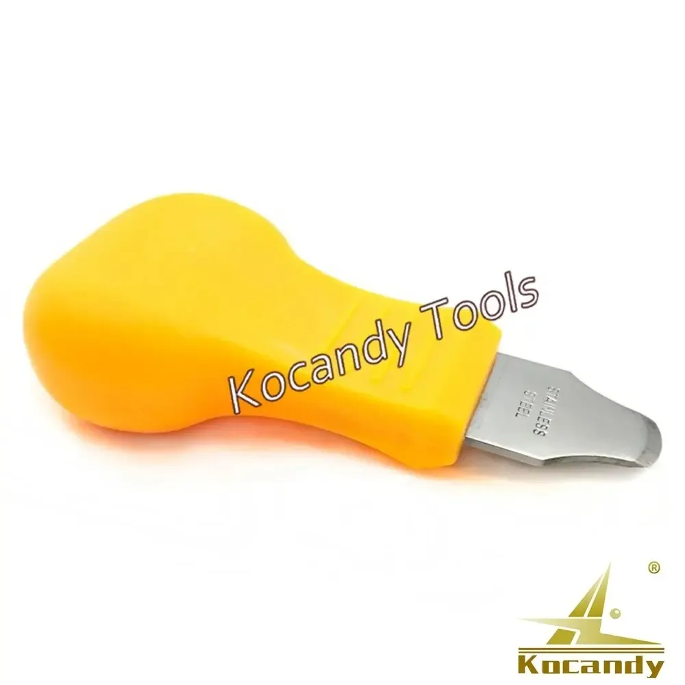 Orange case opener knife with a flat forked steel blade