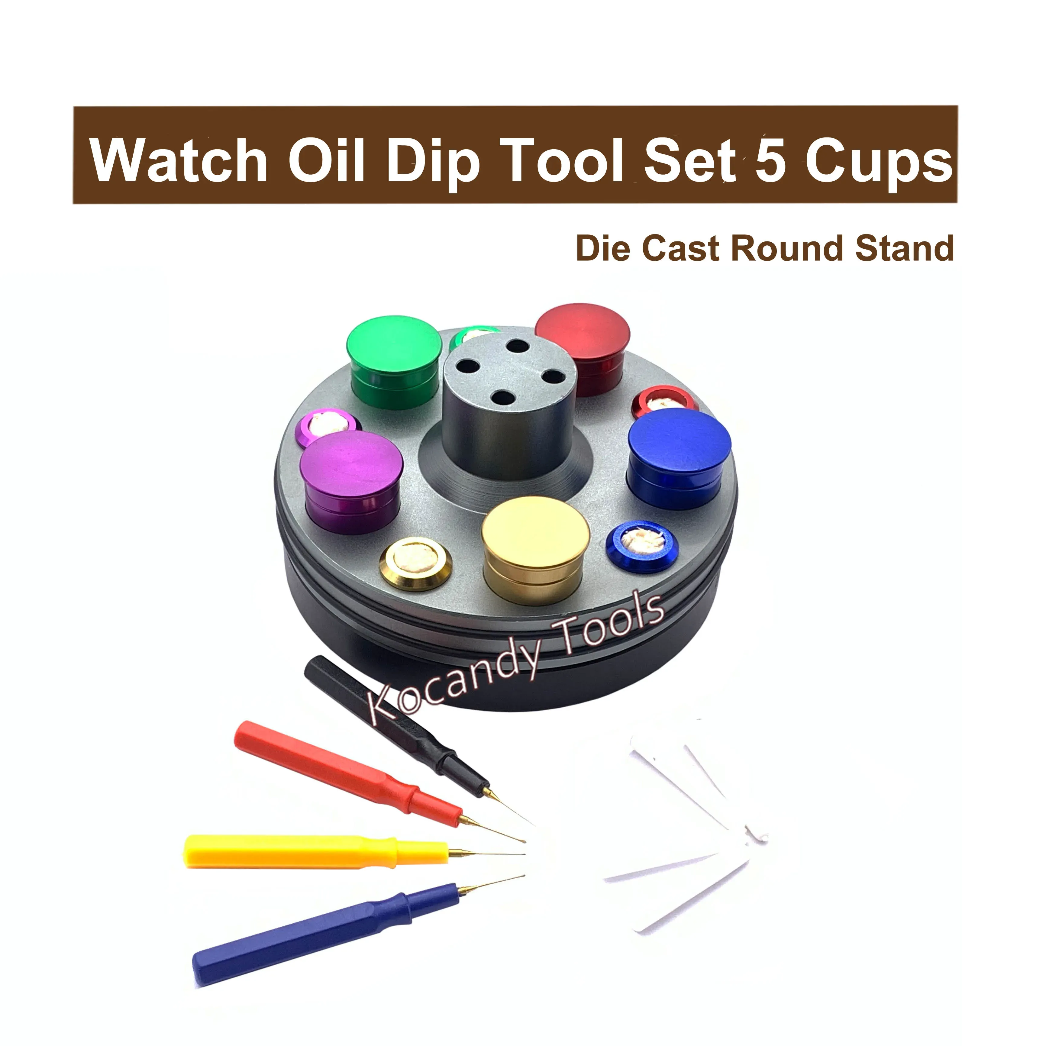 Round stand with coloured oil cups and five pens with coloured handles