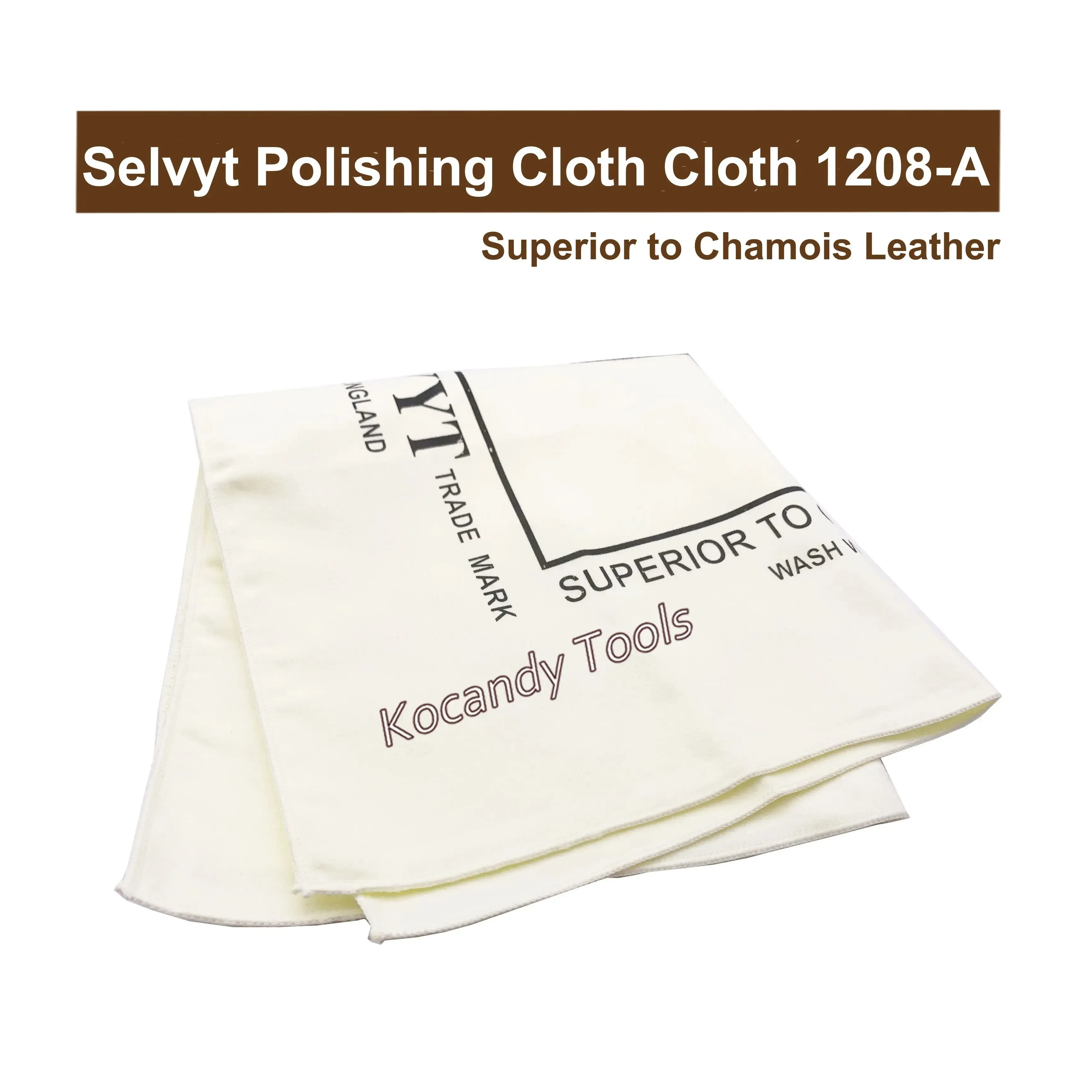 Cream Selvyt polishing cloth folded with its printed logo visible