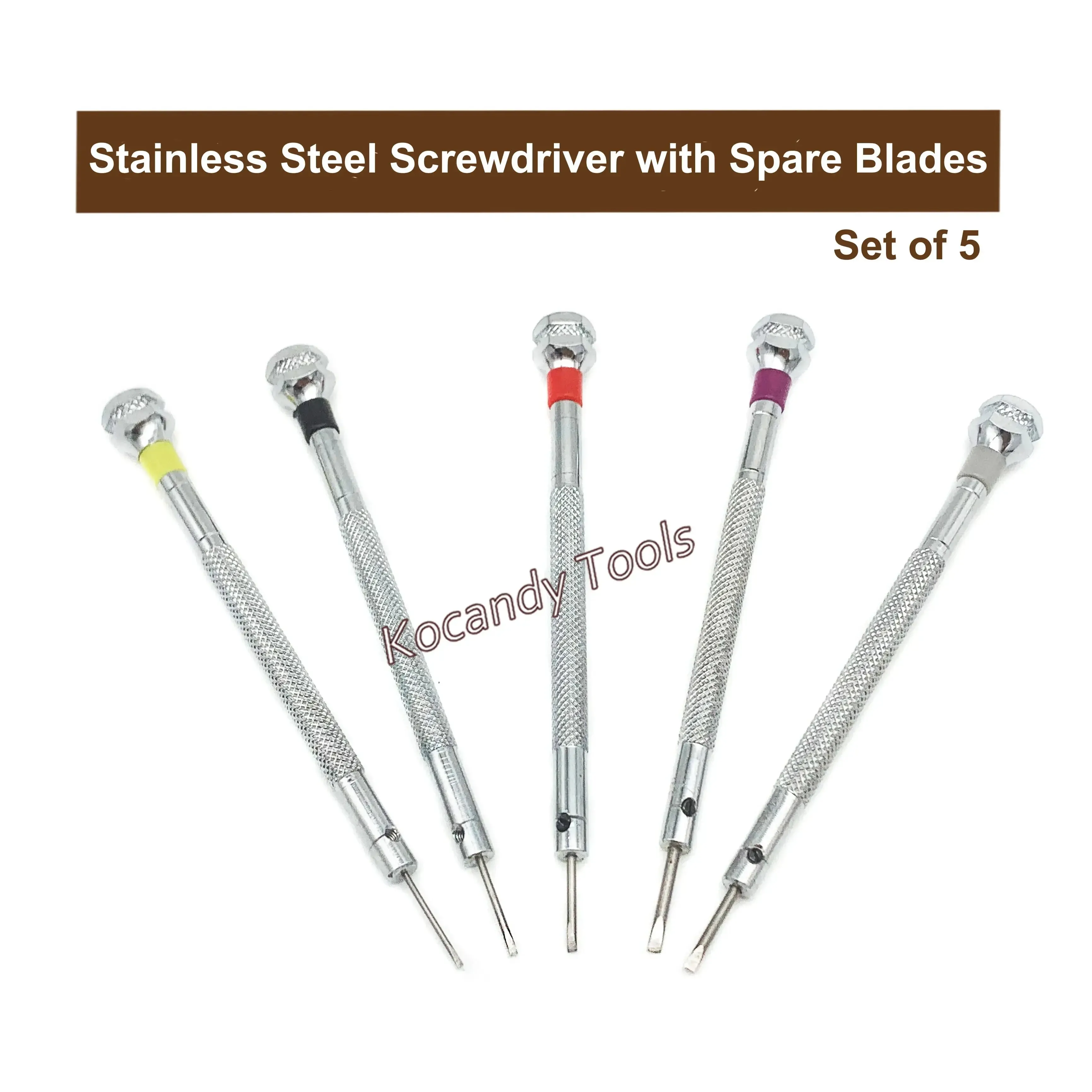 Five slotted screwdrivers with coloured ball tops standing upright