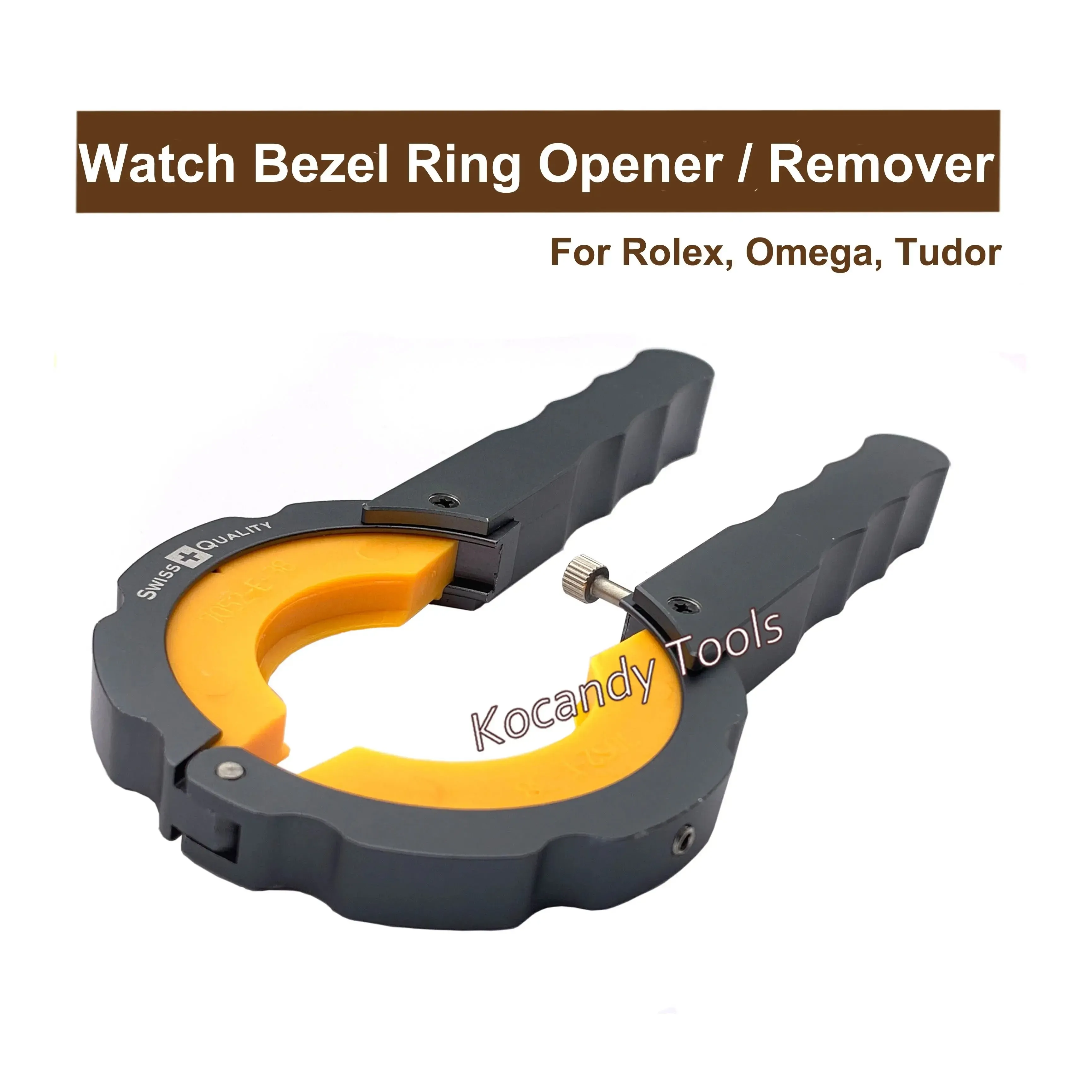 Grey metal bezel ring remover with black pads, for Rolex and Omega