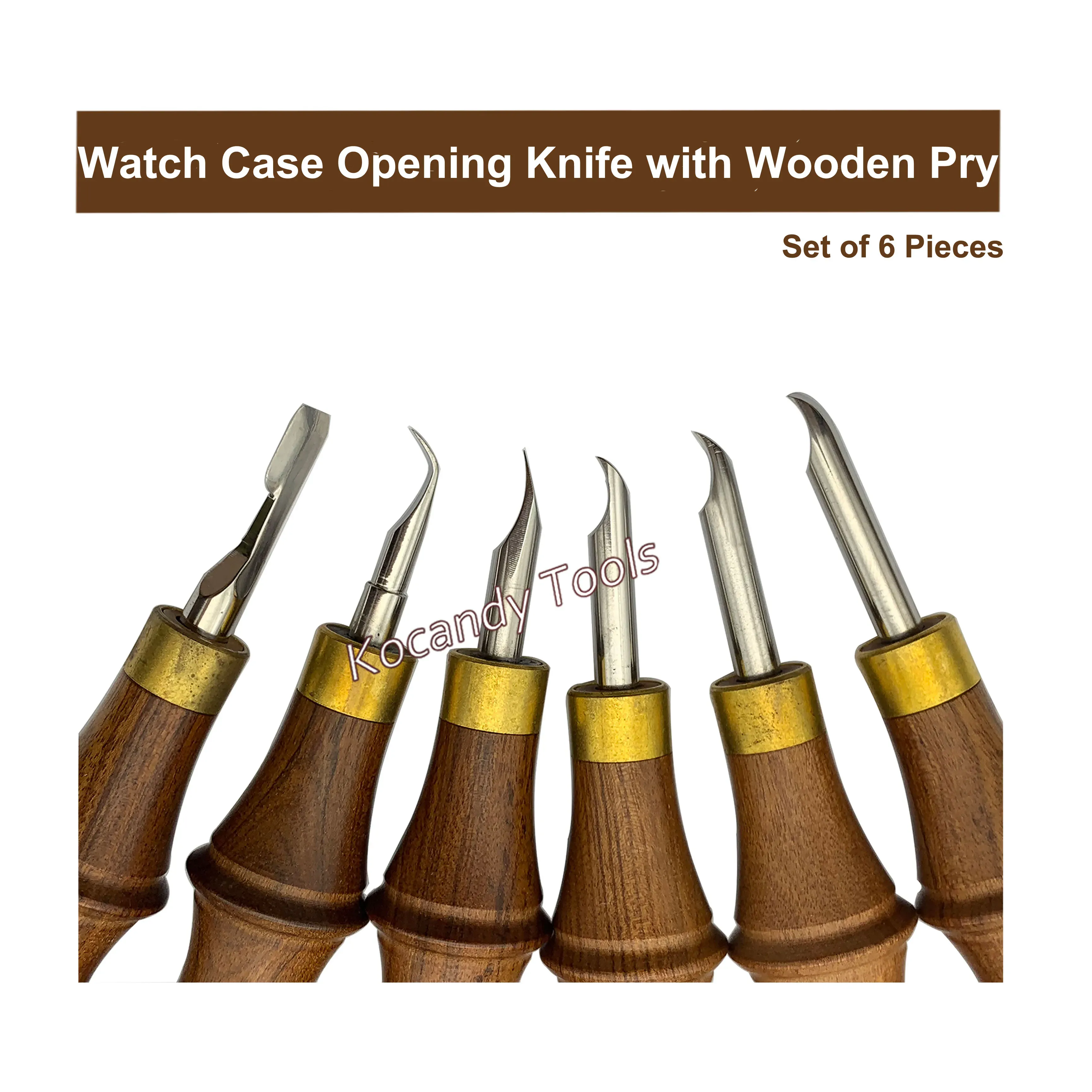 Wooden-handled watch case pry tools arranged standing and fanned together