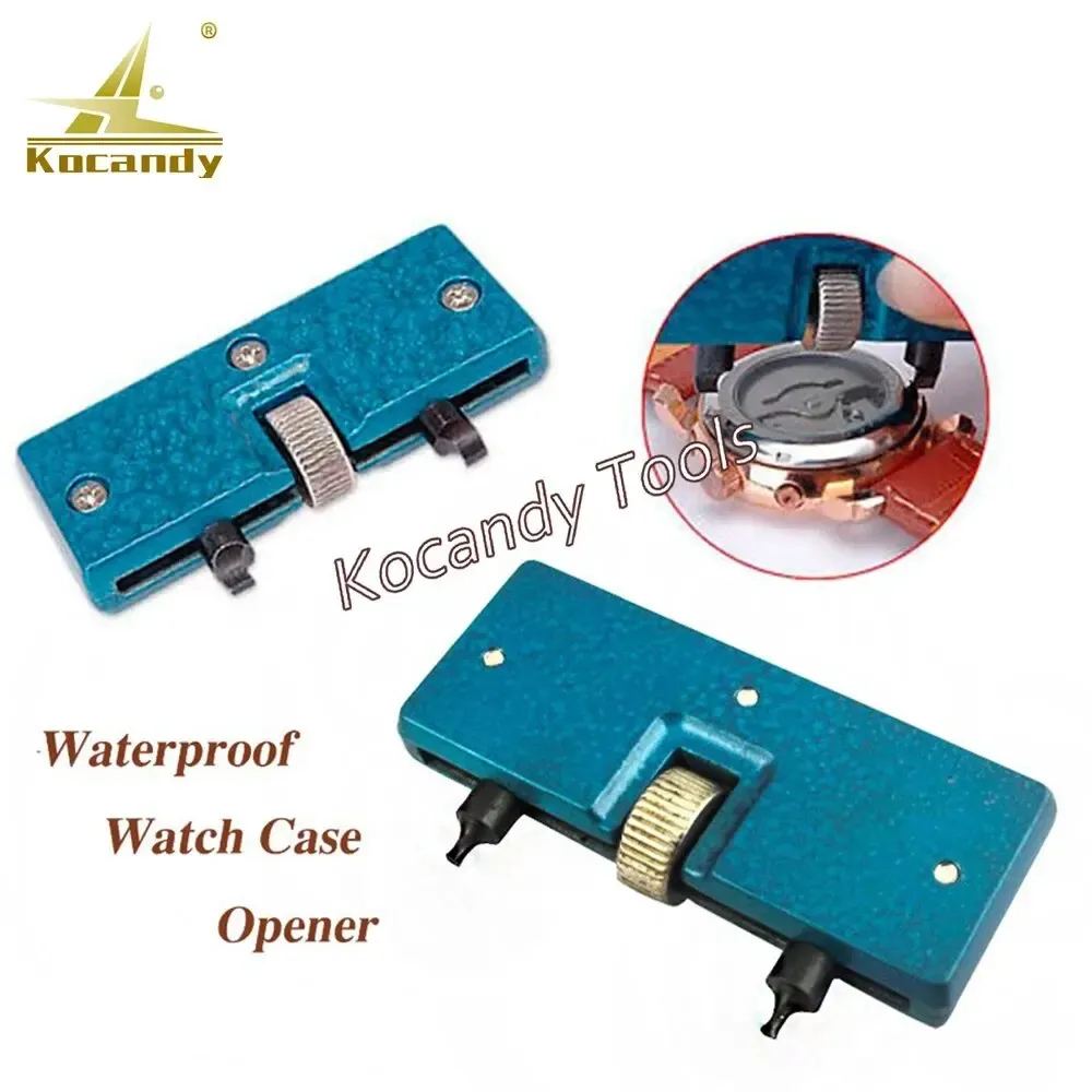 Blue waterproof watch case opener beside a wristwatch and inset