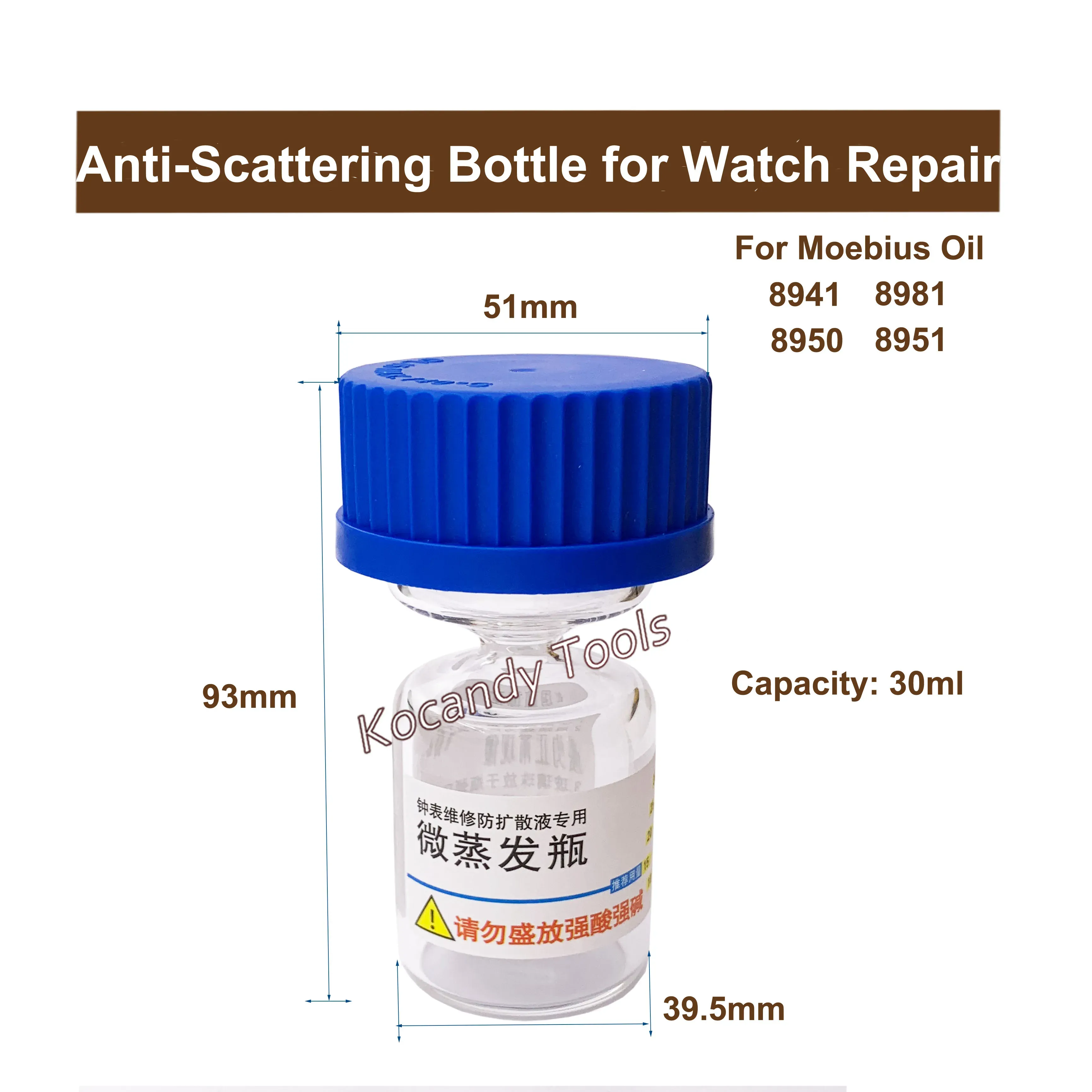 Clear glass bottle with blue lid filled with tiny watch screws, 30ml capacity